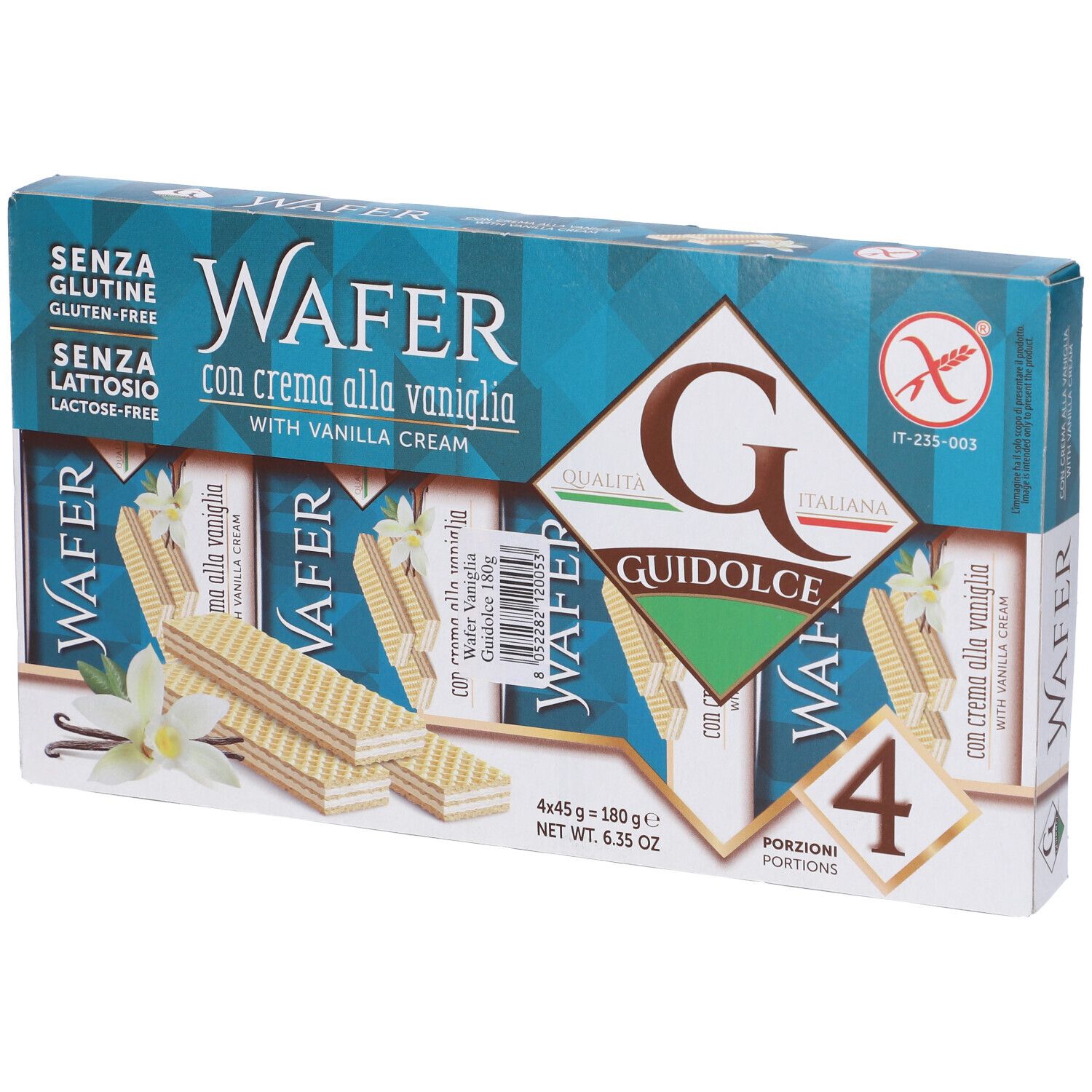 Confezione di wafer. Scritta: Wafer con crema alla vaniglia. Senza glutine e senza lattosio. Marchio Guidolce.