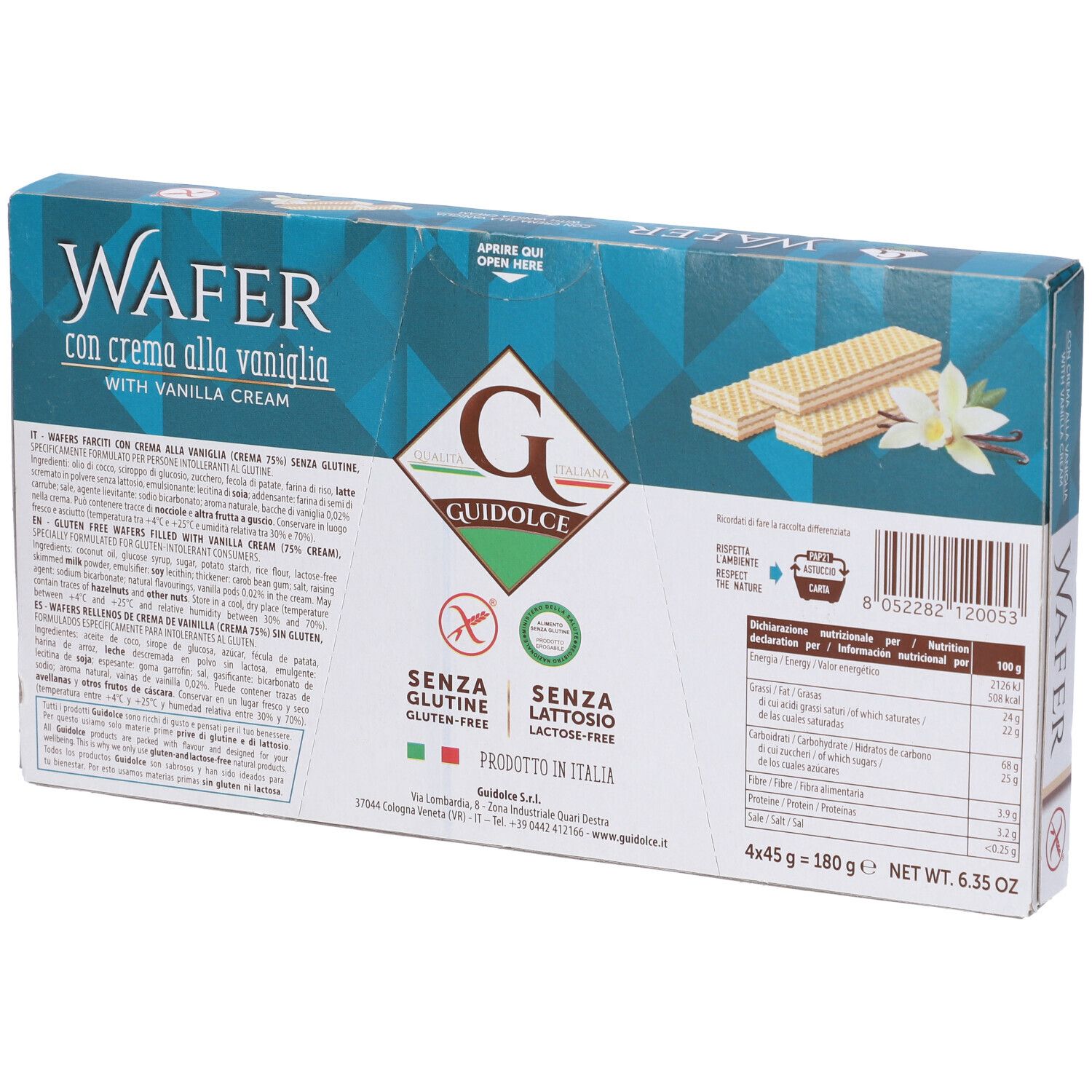 Confezione di wafer. Scritta: Wafer con crema alla vaniglia. Senza glutine e senza lattosio. Marchio Guidolce.