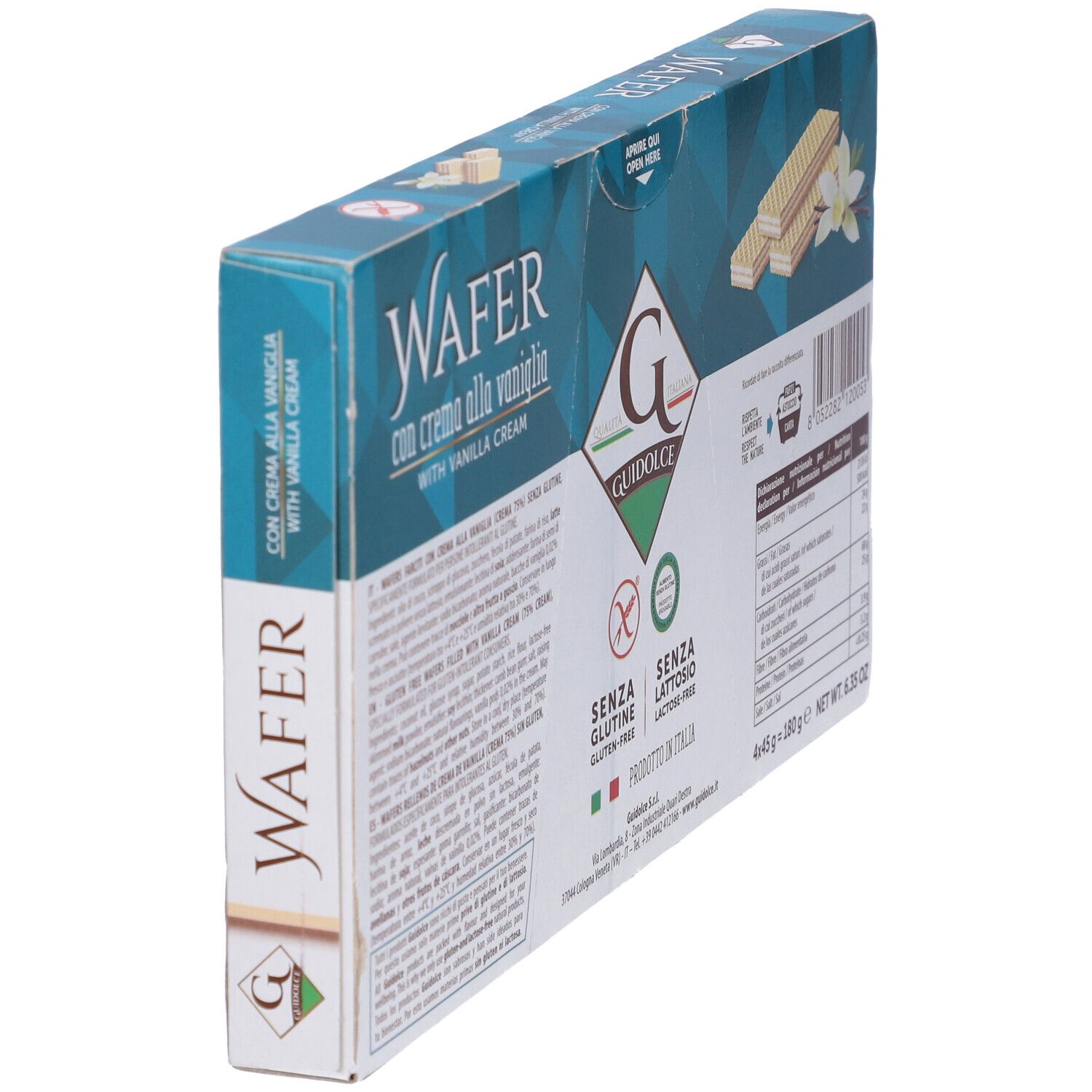 Confezione di wafer. Scritta: Wafer con crema alla vaniglia. Senza glutine e senza lattosio. Marchio Guidolce.