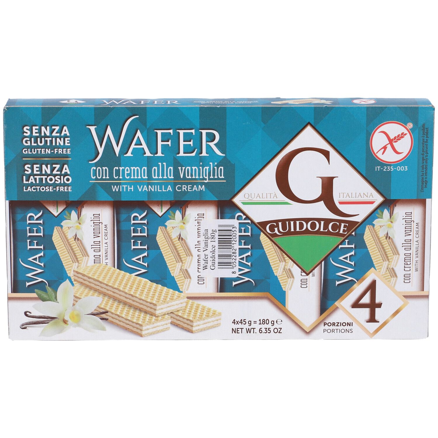 Confezione di wafer. Scritta: Wafer con crema alla vaniglia. Senza glutine e senza lattosio. Marchio Guidolce.