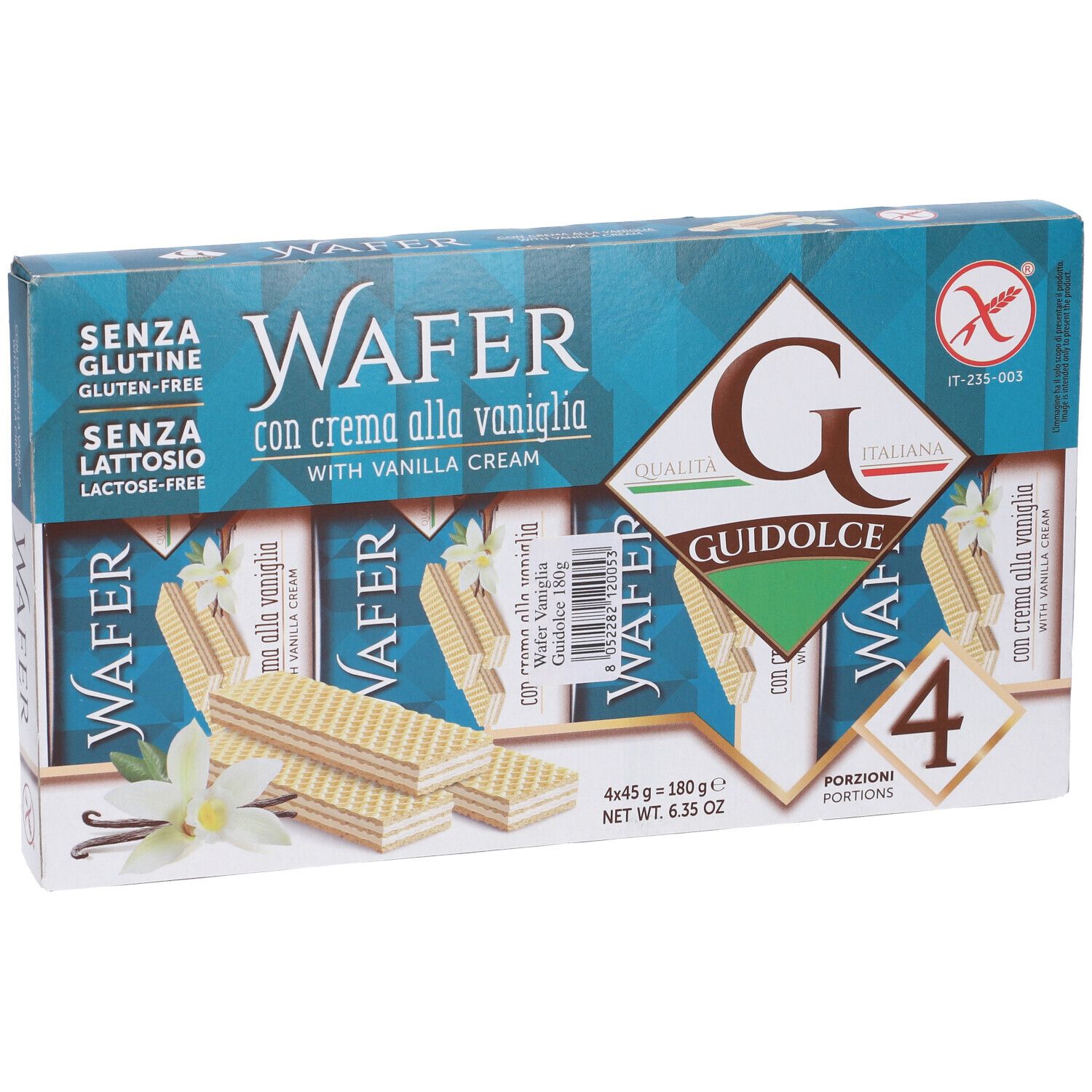 Confezione di wafer. Scritta: Wafer con crema alla vaniglia. Senza glutine e senza lattosio. Marchio Guidolce.