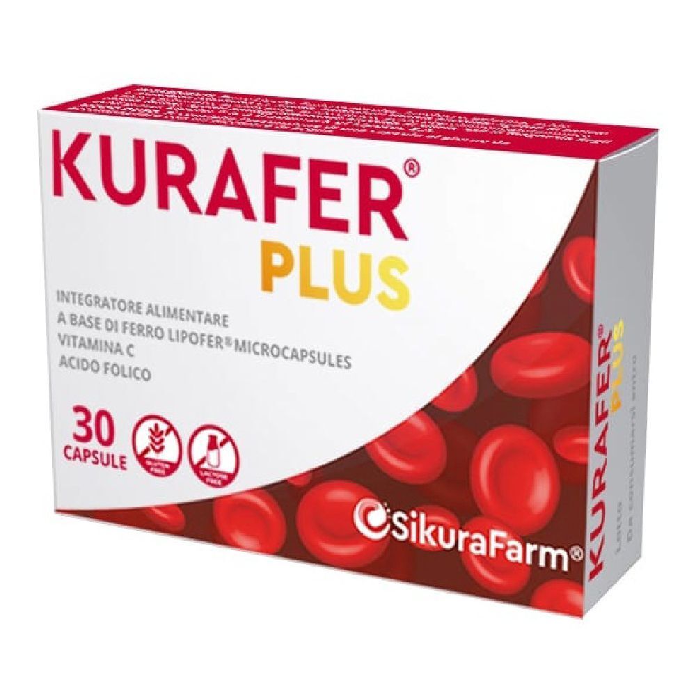 Confezione di KURAFER PLUS, 30 capsule. Contiene: Vitamina C, Acido folico. Marchio: SikuraFarm. Integratore alimentare.