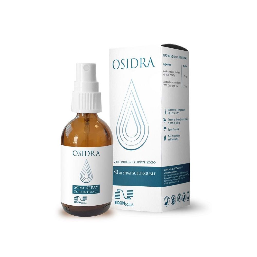 Flacone in vetro marrone con vaporizzatore bianco e scatola. Scritta: Osidra, 50 ml Spray Sublinguale.