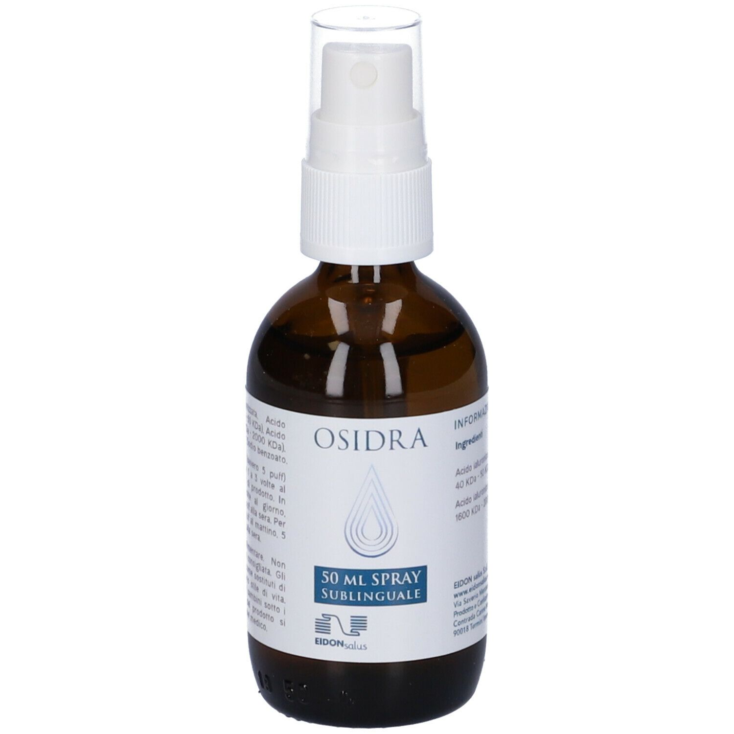 Flacone in vetro marrone con vaporizzatore bianco. Scritta: Osidra, 50 ml Spray Sublinguale. Logo.