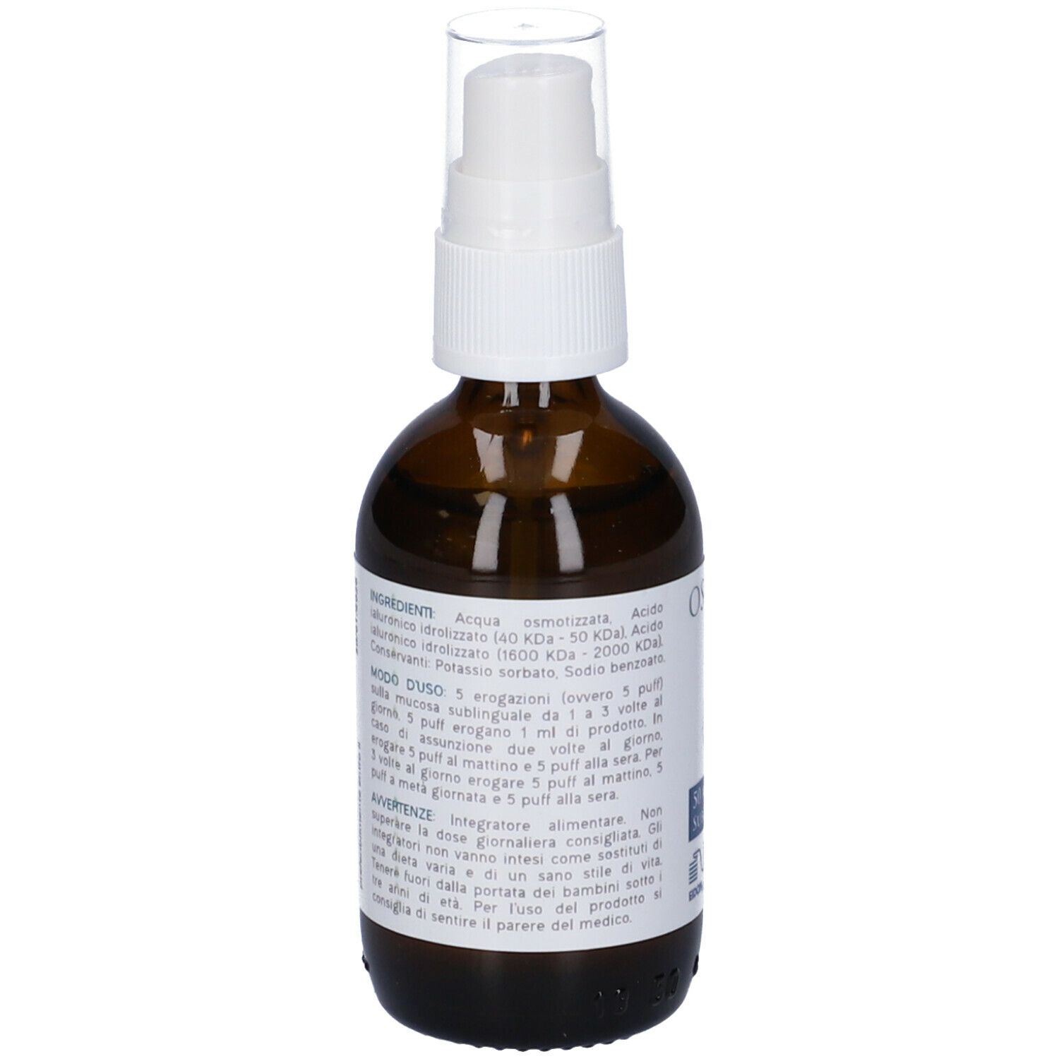 Flacone in vetro marrone con vaporizzatore bianco. Retro con testo. Scritta: Osidra, 50 ml Spray Sublinguale.
