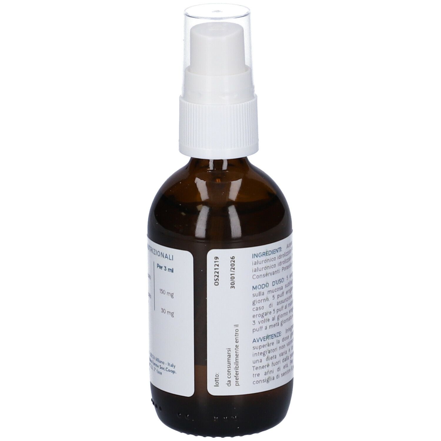Flacone in vetro marrone con vaporizzatore bianco. Retro con testo. Scritta: Osidra, 50 ml Spray Sublinguale.