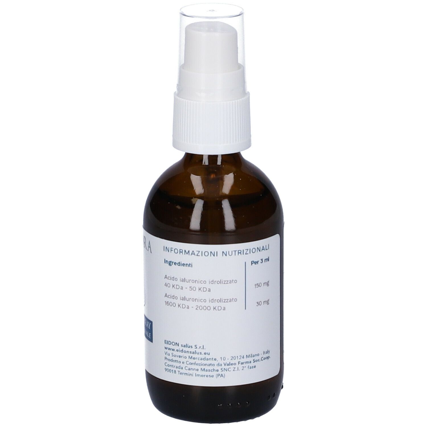 Flacone in vetro marrone con vaporizzatore bianco. Retro con testo. Scritta: Osidra, 50 ml Spray Sublinguale.