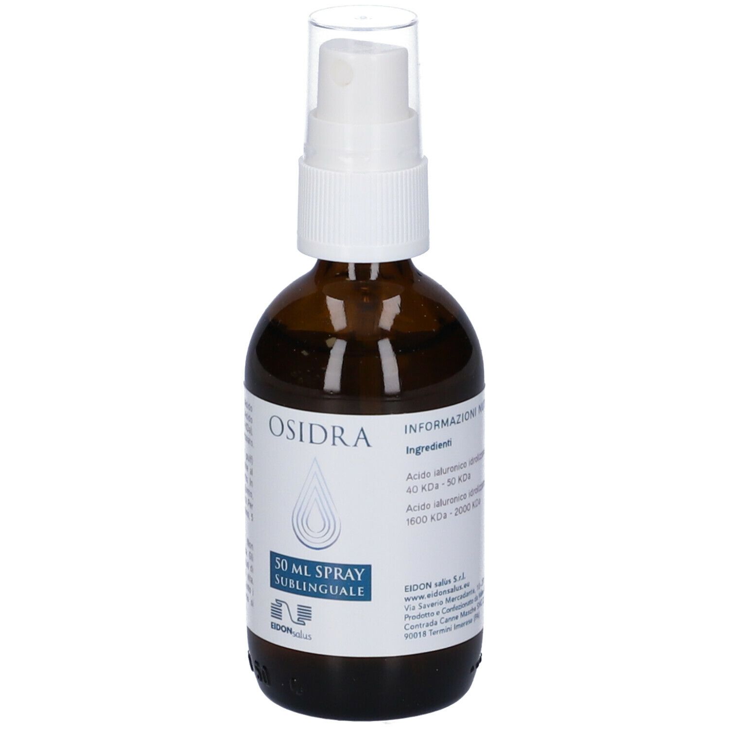 Flacone in vetro marrone con vaporizzatore bianco. Retro con testo. Scritta: Osidra, 50 ml Spray Sublinguale.