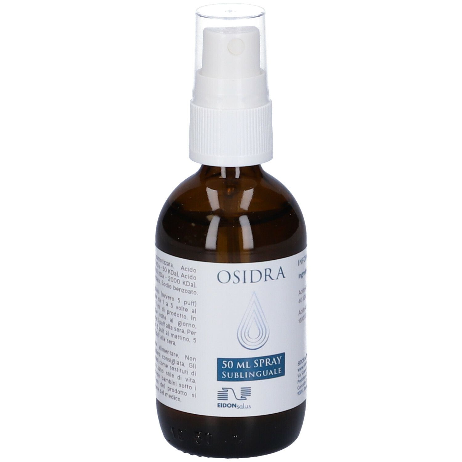 Flacone in vetro marrone con vaporizzatore bianco. Retro con testo. Scritta: Osidra, 50 ml Spray Sublinguale.
