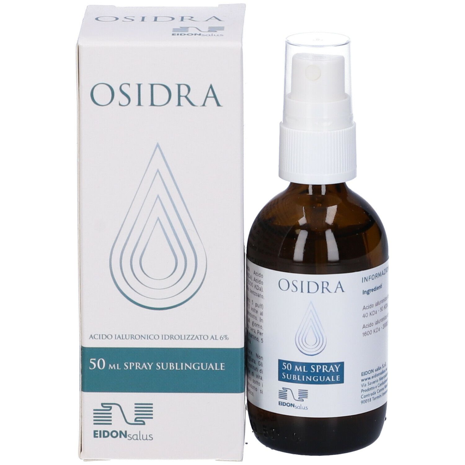 Flacone in vetro marrone con vaporizzatore bianco e scatola. Scritta: Osidra, 50 ml Spray Sublinguale.