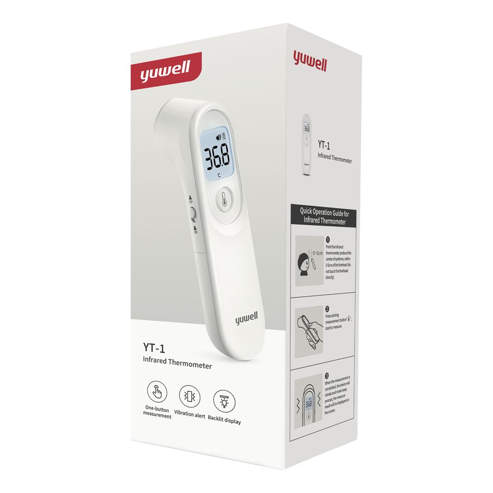 Infrarot-Thermometer YT-1 in weißer Verpackung. Digitalanzeige mit Temperatur. Yuwell-Logo oben.