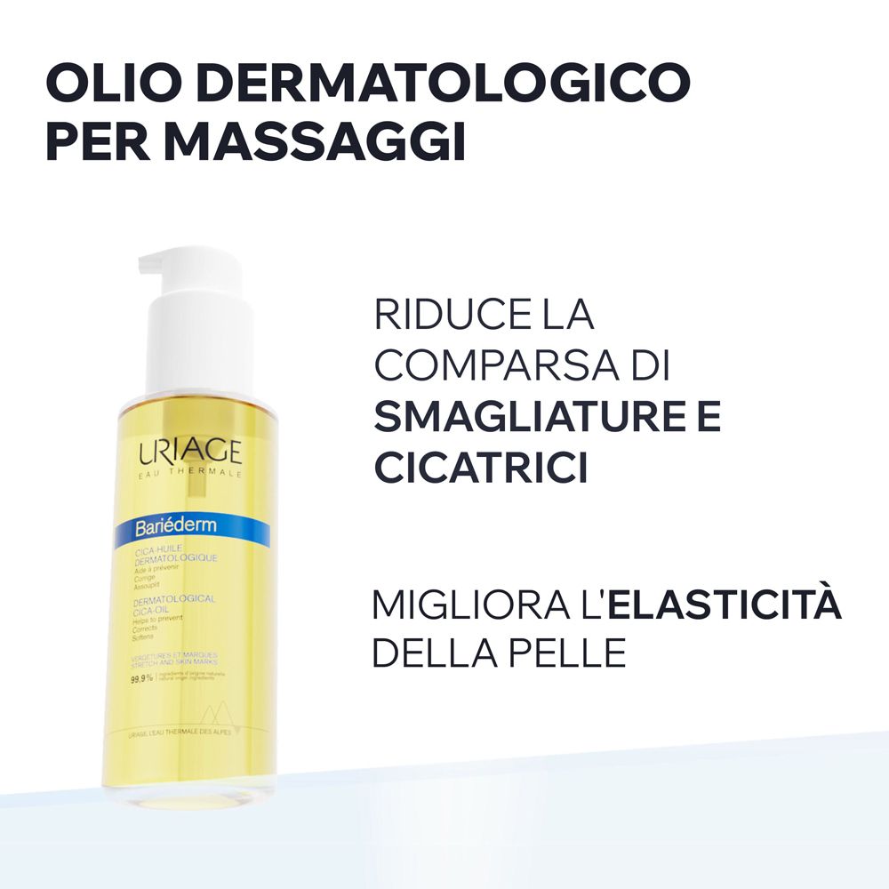 Produktflasche mit gelber Flüssigkeit. Text: URIAGE, Bariéderm-CICA. Reduziert Dehnungsstreifen und Narben.