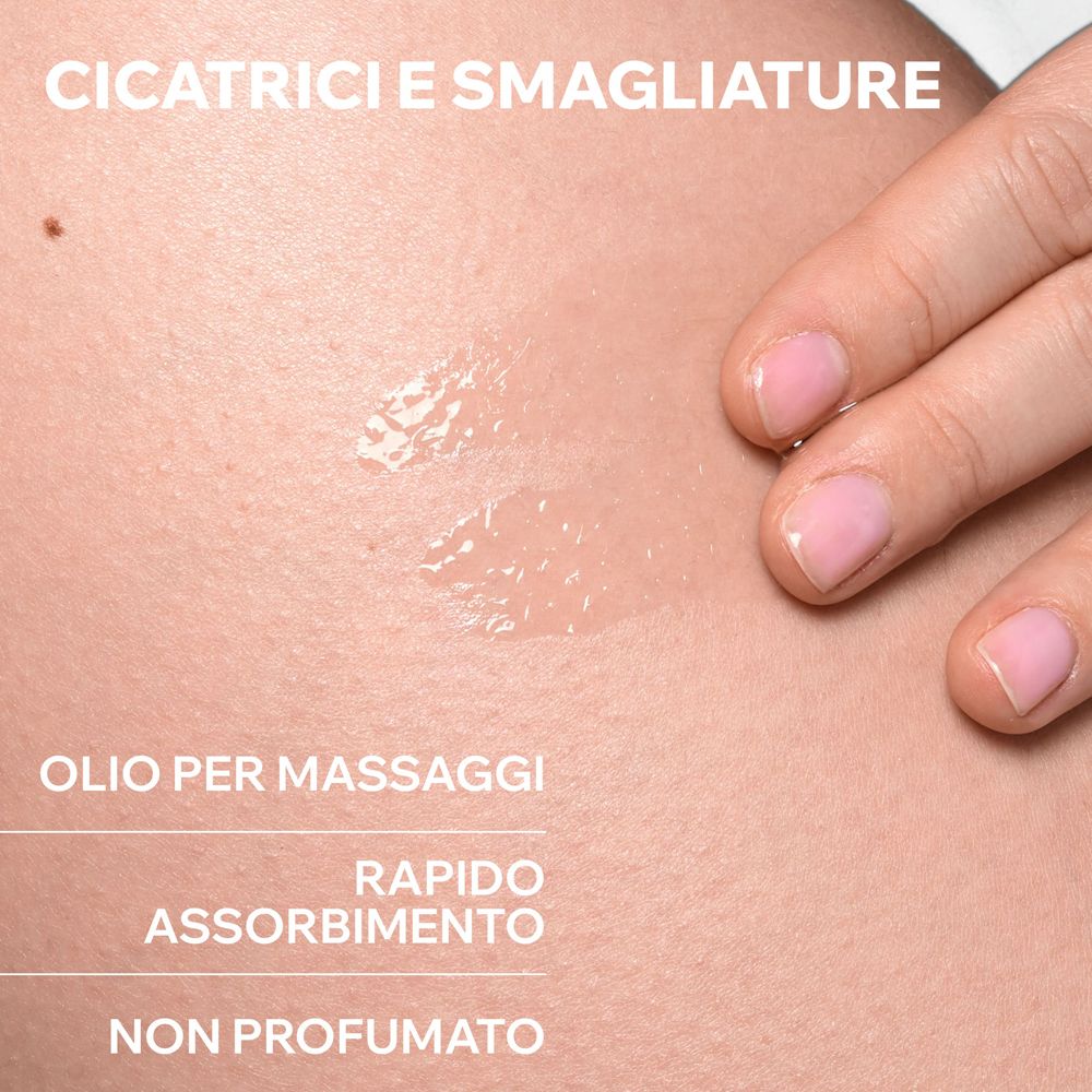Nahaufnahme der Haut mit Öl. Text: Öl für Massagen, schnelle Absorption, parfümfrei.