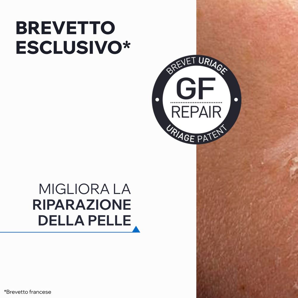 Kreis mit Text: GF Repair, Uriage Patent. Text: Verbessert die Hautreparatur.