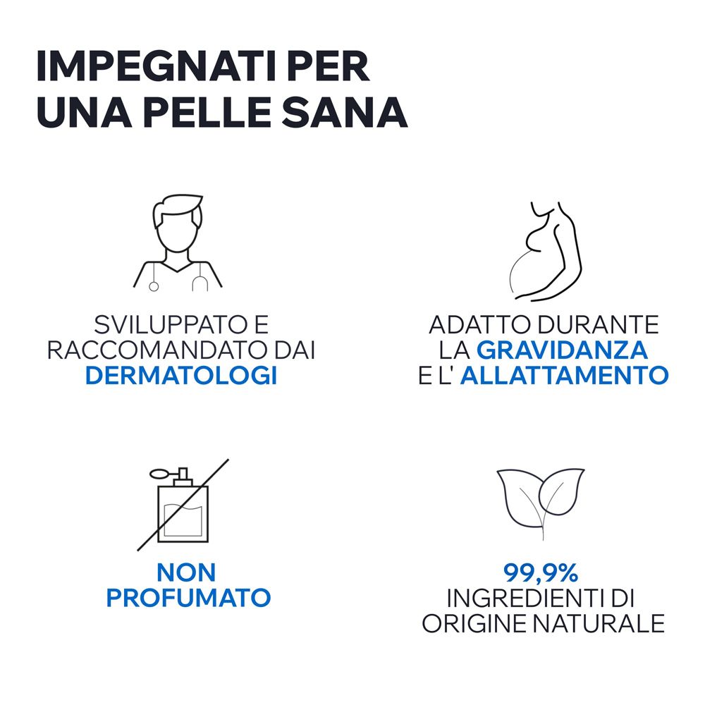 Symbole: Dermatologen empfohlen, für Schwangerschaft geeignet, parfümfrei, 99,9% natürliche Inhaltsstoffe.