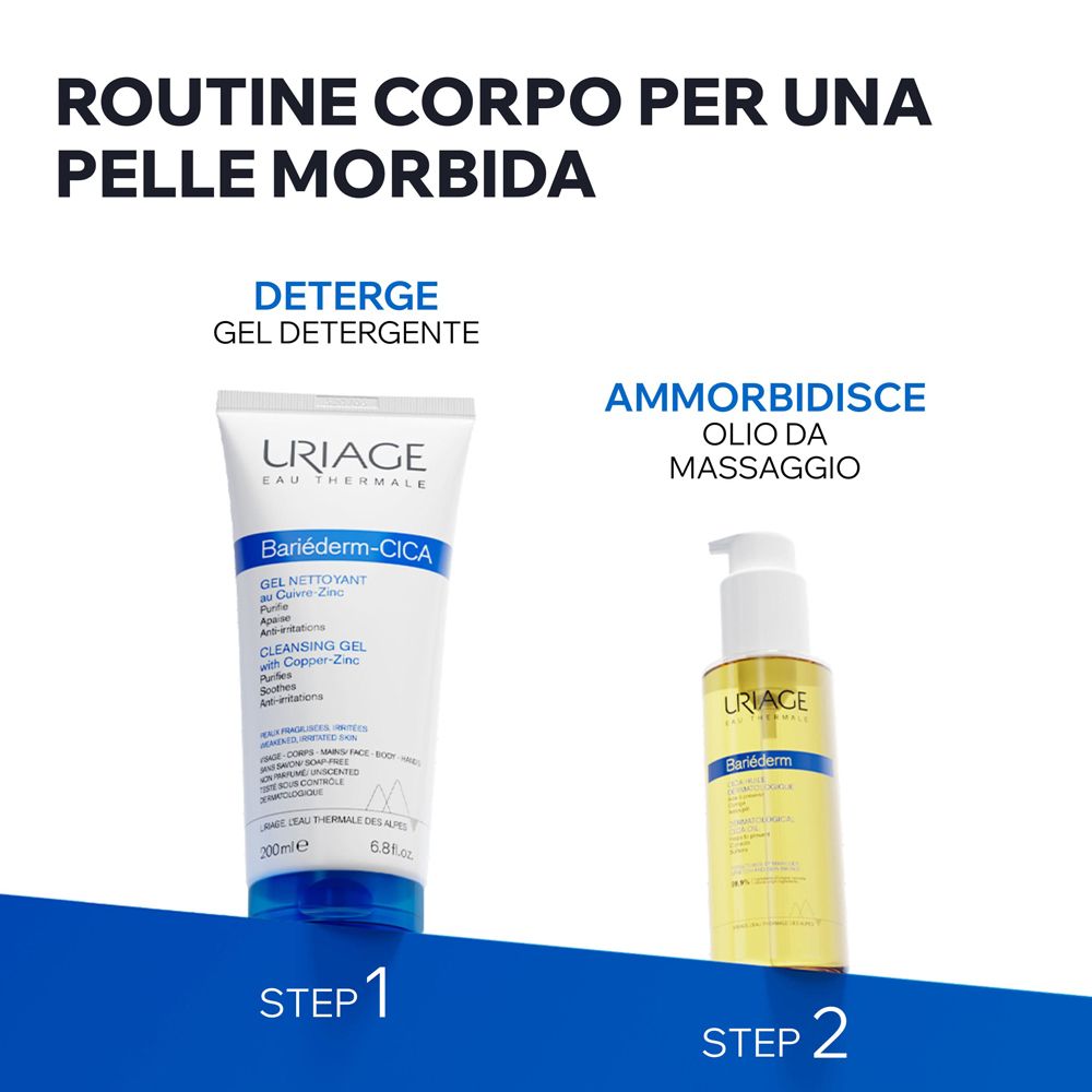 Schritte: Reinigen mit Gel, dann Massageöl. Produkte: URIAGE Bariéderm-CICA Gel und Öl.