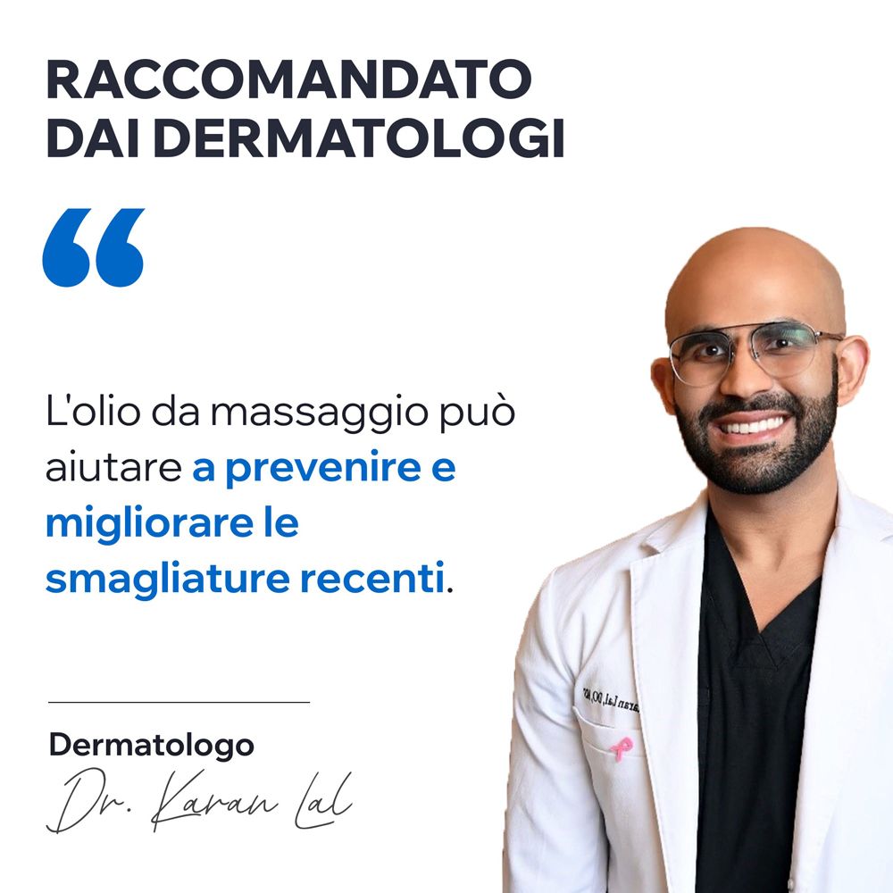 Arzt mit Text: Massageöl kann helfen, Dehnungsstreifen vorzubeugen und zu verbessern.