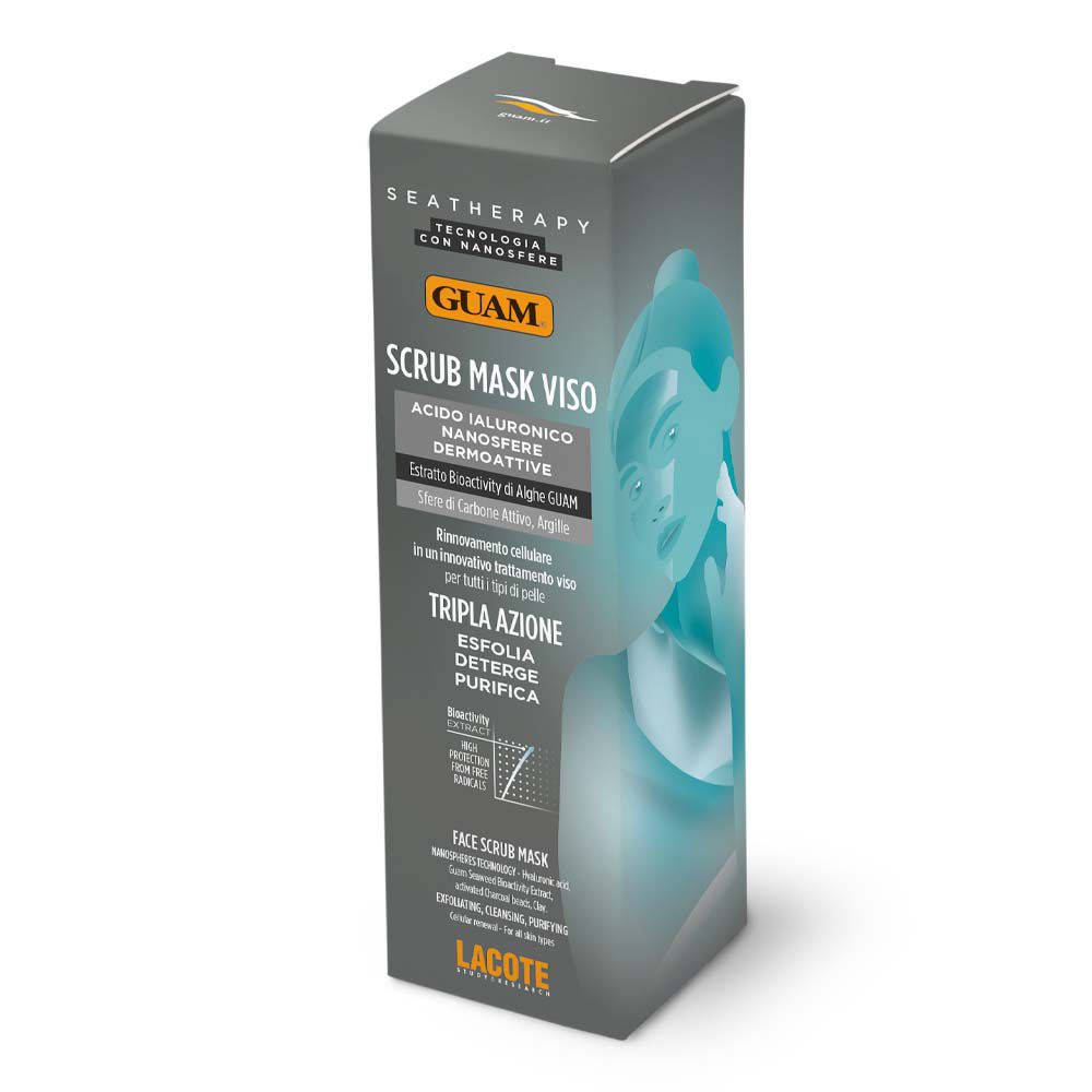 GUAM® Seatherapy Scrub Mask Viso in confezione. Scatola grigia con informazioni sul prodotto e illustrazione.