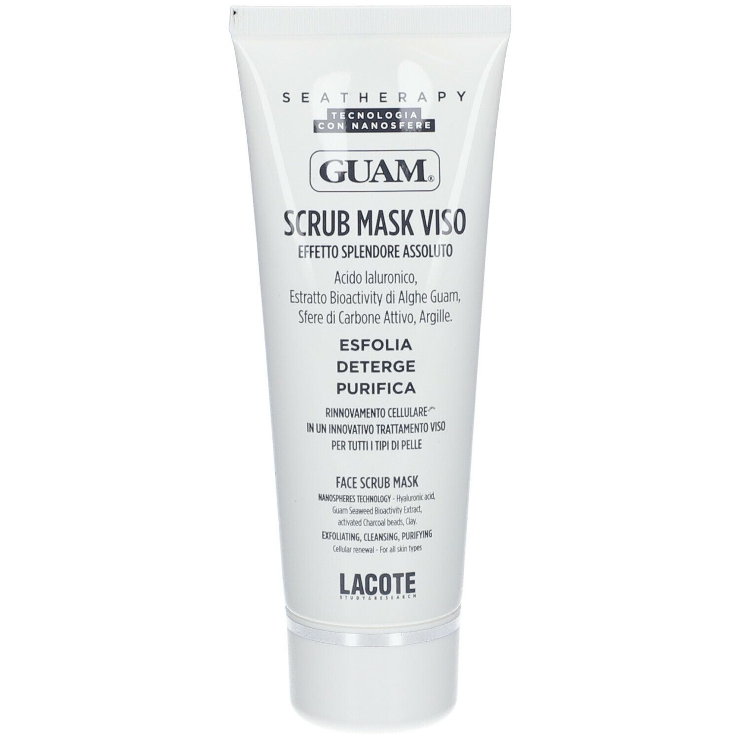 Tubo GUAM® Scrub Mask Viso. Tubo bianco con nome del prodotto e ingredienti. Per tutti i tipi di pelle.