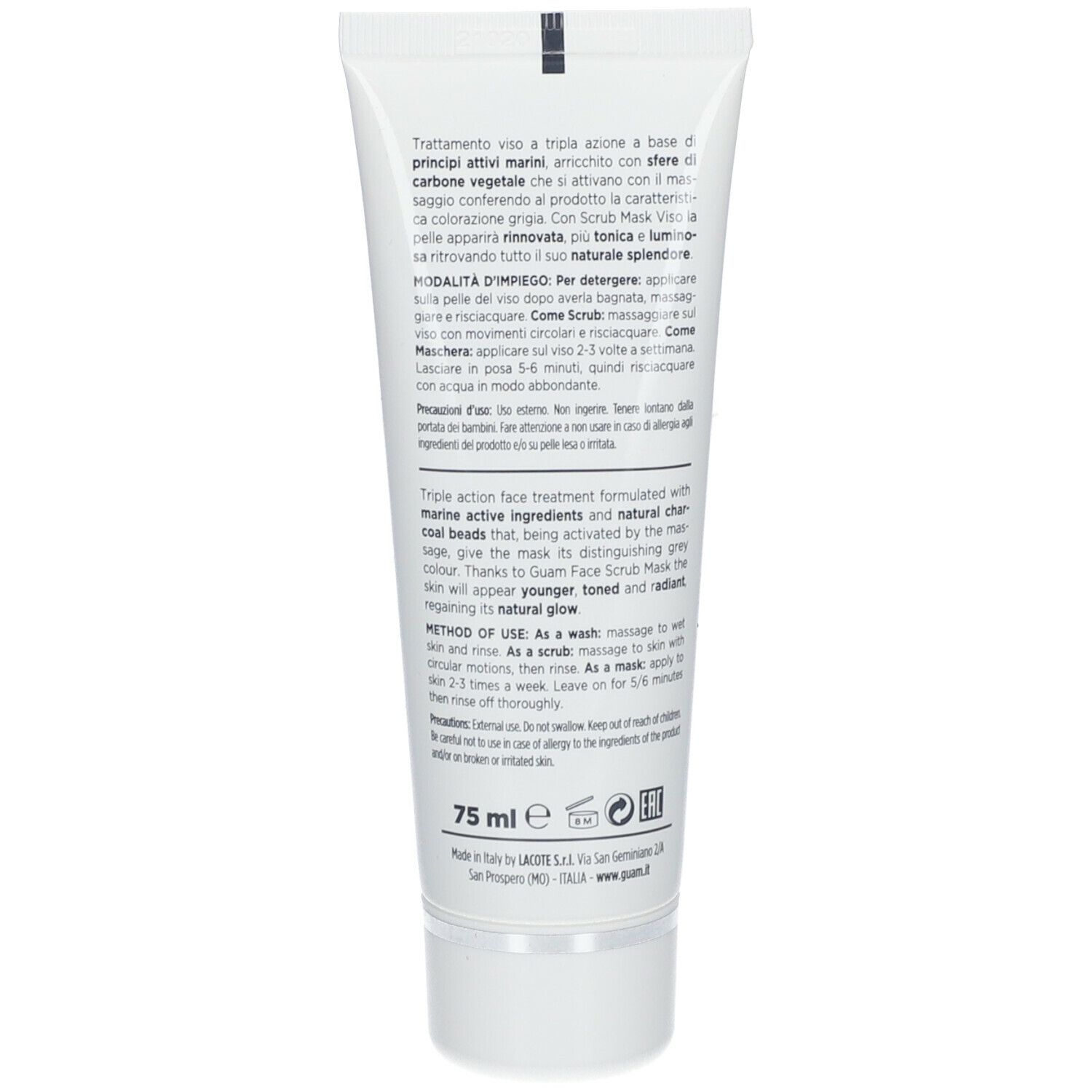 Retro del tubo GUAM® Scrub Mask Viso. Testo con ingredienti e istruzioni per l'uso. 75 ml.