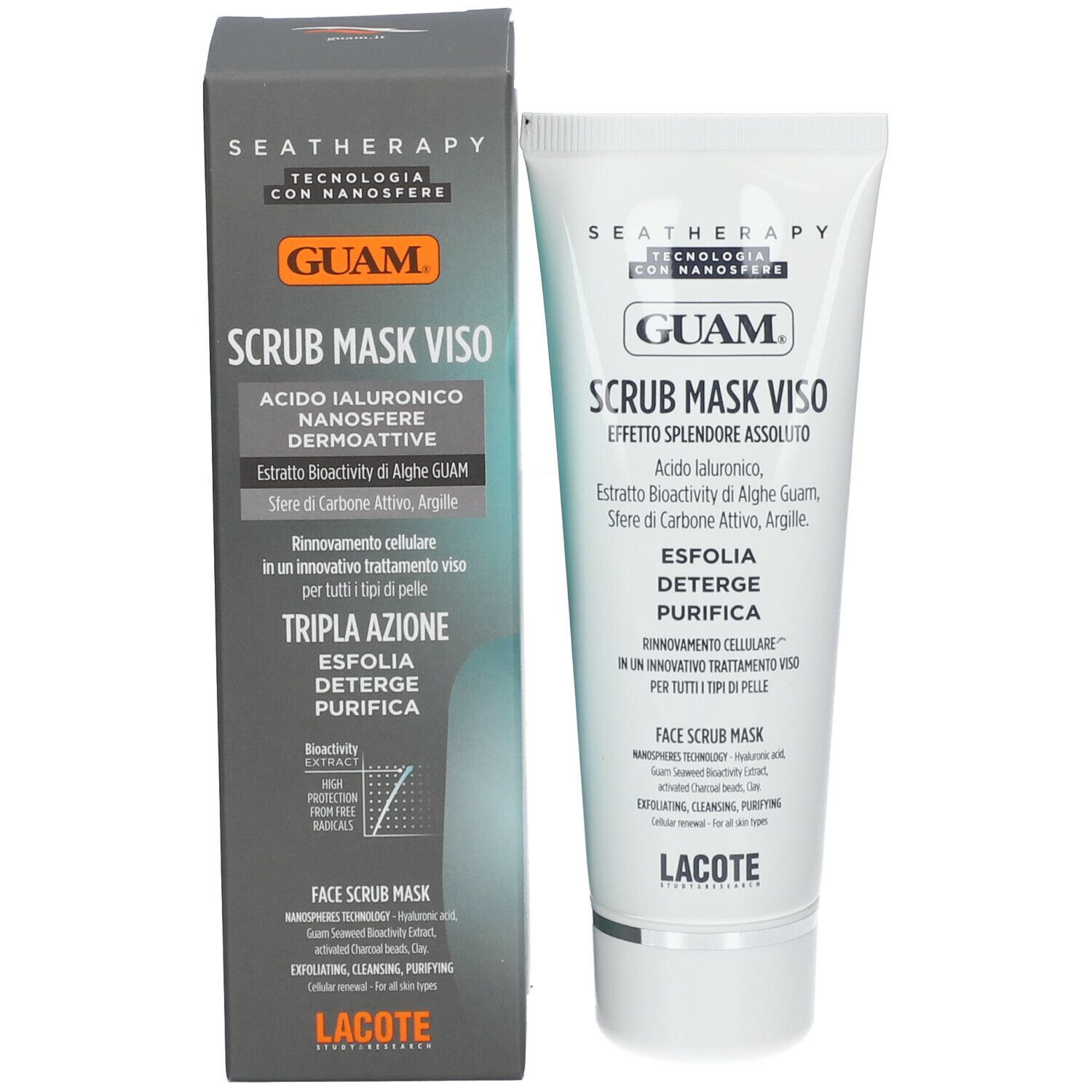 Tubo e confezione GUAM® Scrub Mask Viso. Prodotto e scatola affiancati. Informazioni e illustrazioni.