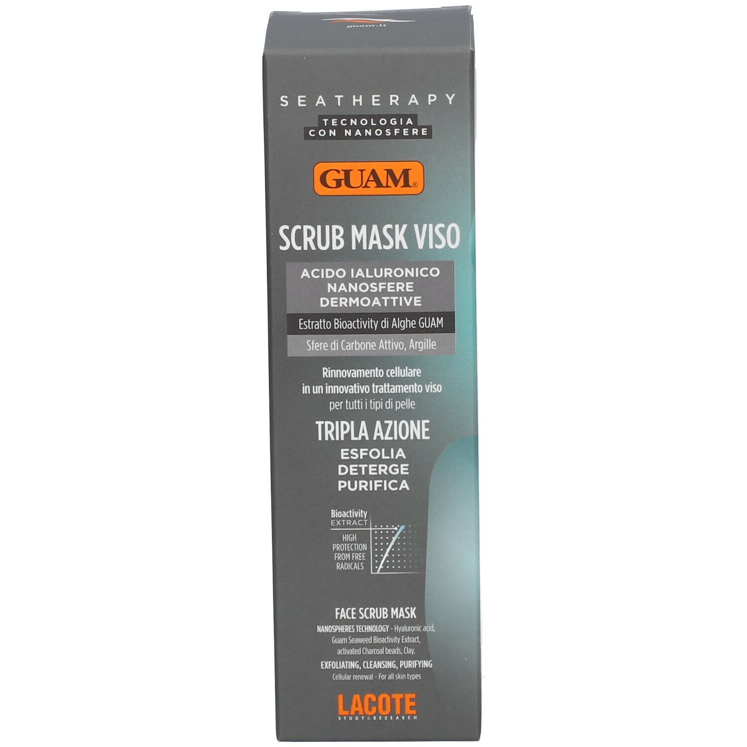 Confezione GUAM® Scrub Mask Viso. Scatola grigia con nome del prodotto, ingredienti e area di applicazione.