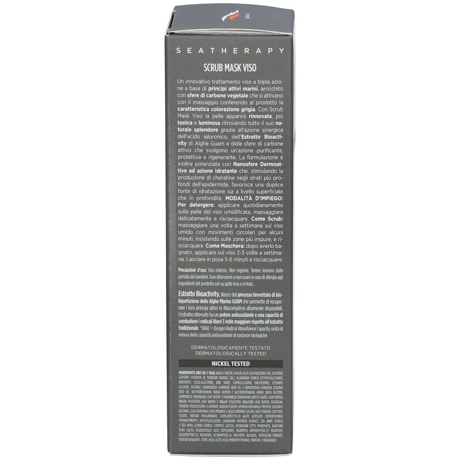 Retro della confezione GUAM® Scrub Mask Viso. Testo con ingredienti e istruzioni. Dermatologicamente testato.