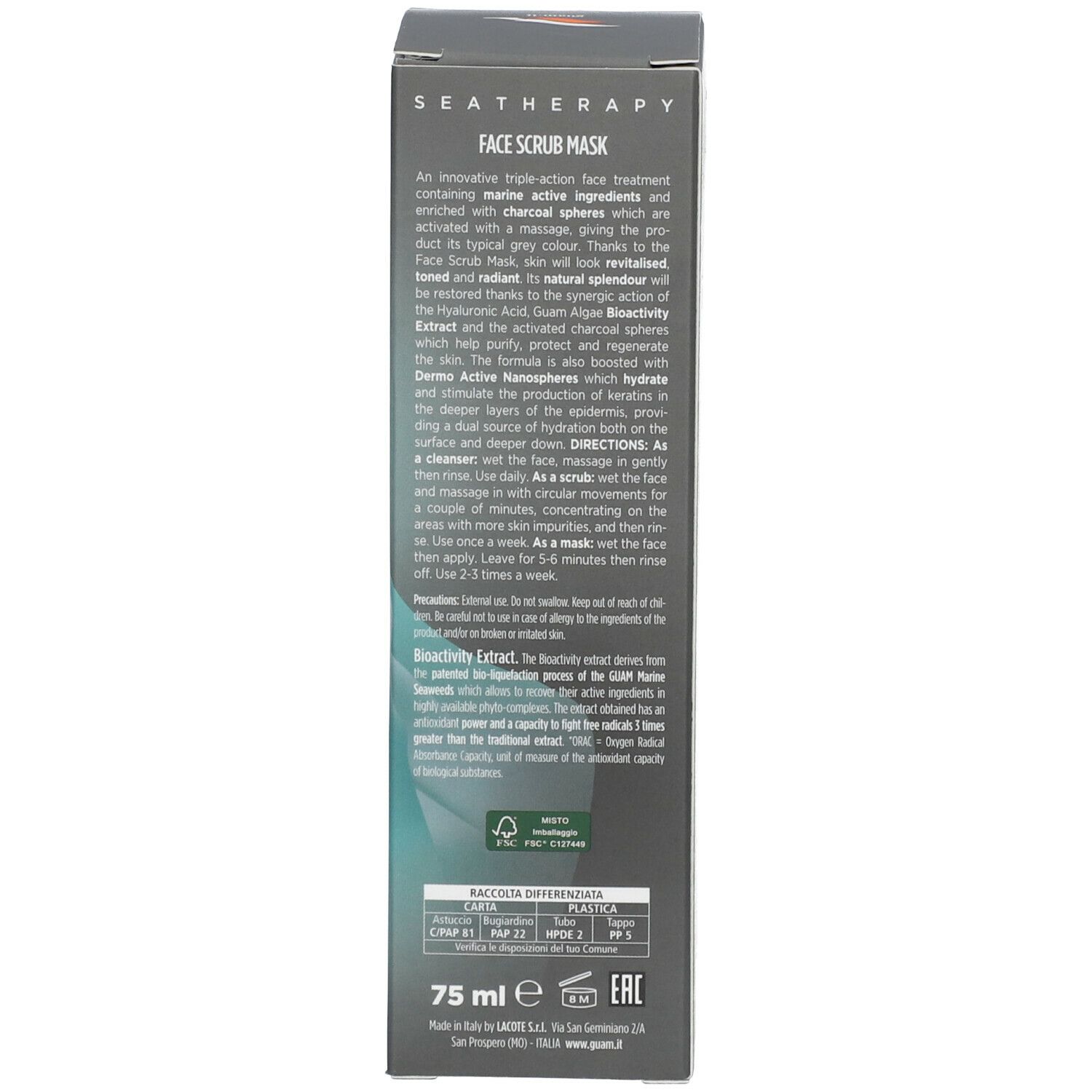 Lato della confezione GUAM® Scrub Mask Viso. Testo con ingredienti e istruzioni. 75 ml.