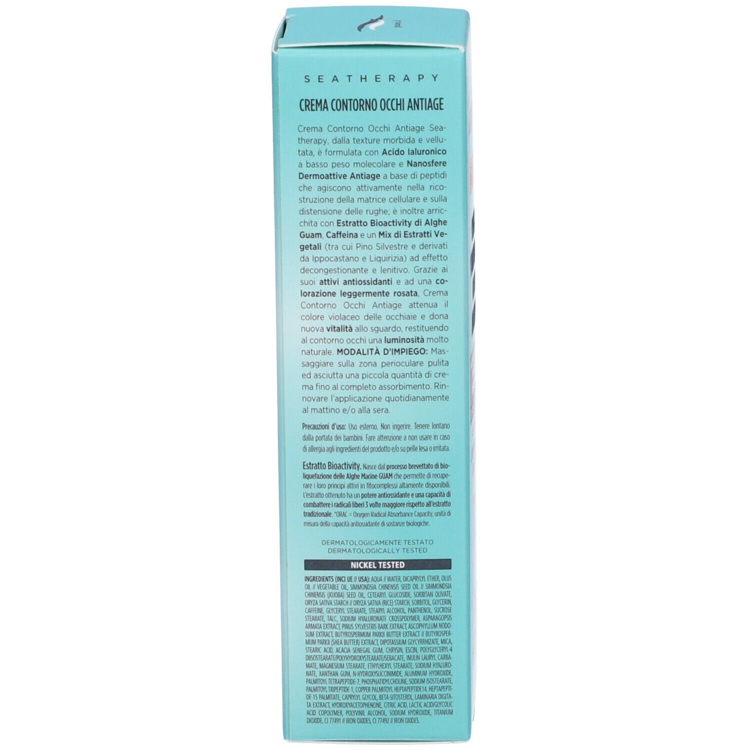 Retro della confezione della crema occhi GUAM® Seatherapy. Testo e ingredienti.