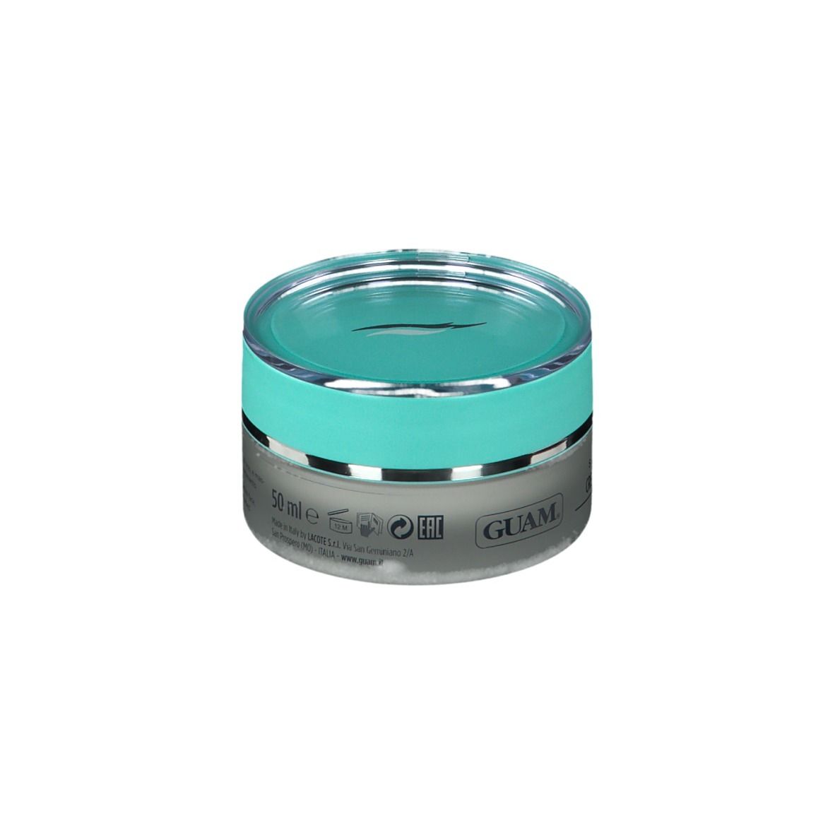 Creme-Dose mit türkisgrünem Deckel. Aufschrift: GUAM, SEA THERAPY, CREMA VISO RIMPOLPANTE. Text: 50 ml, GUAM Logo. Transparenter Behälter.