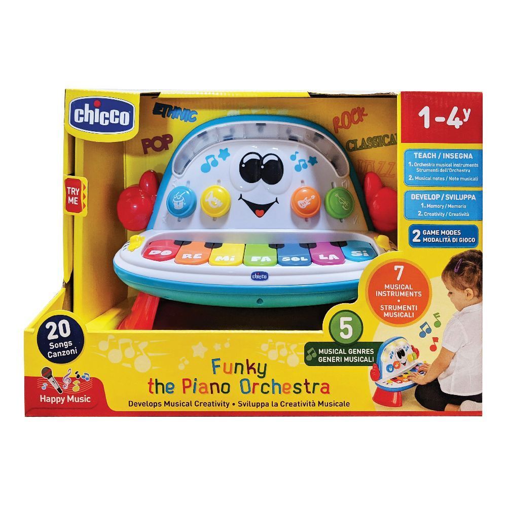 Chicco Funky The Piano Orchestra. Pianoforte giocattolo in confezione. Tasti colorati, pulsanti e un volto sorridente.
