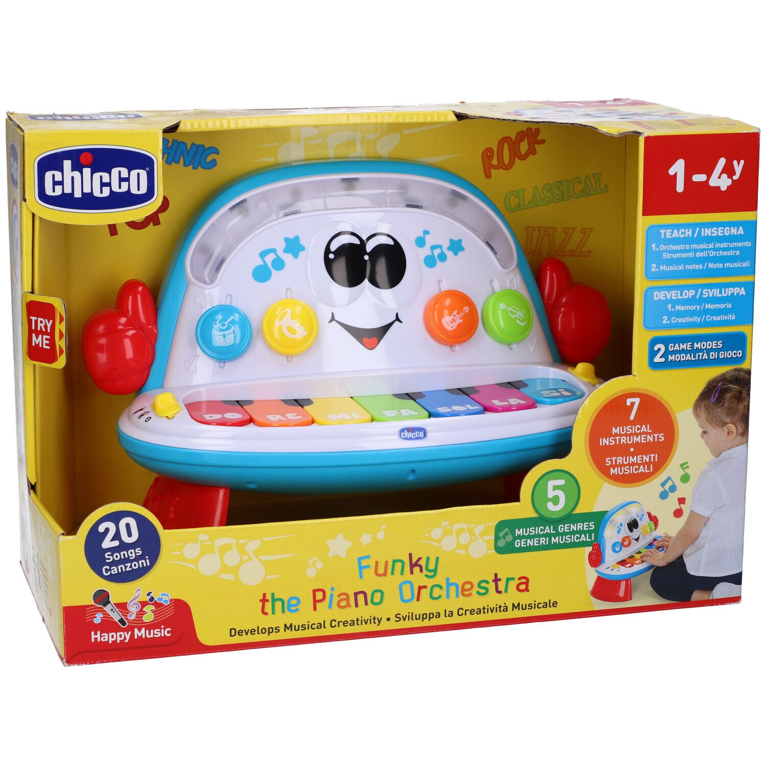 Chicco Funky The Piano Orchestra. Pianoforte giocattolo in confezione. Tasti colorati, pulsanti e un volto sorridente.