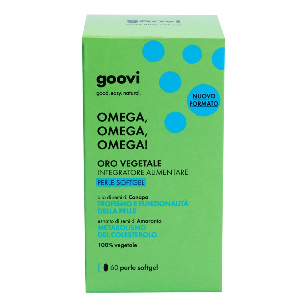 Scatola verde con testo e nome del prodotto. Punti blu. Visibili 'Oro Vegetale' e '60 Perle Softgel'.