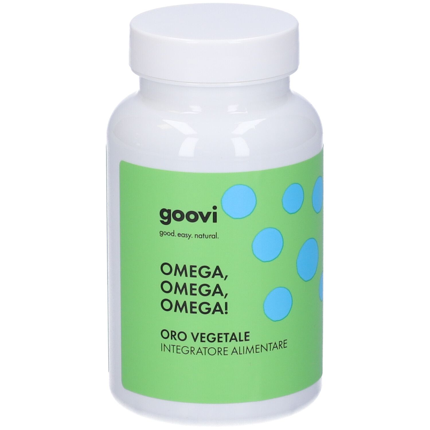 Flacone bianco con etichetta verde. Nome prodotto e testo. Punti blu. Visibile 'Oro Vegetale'.