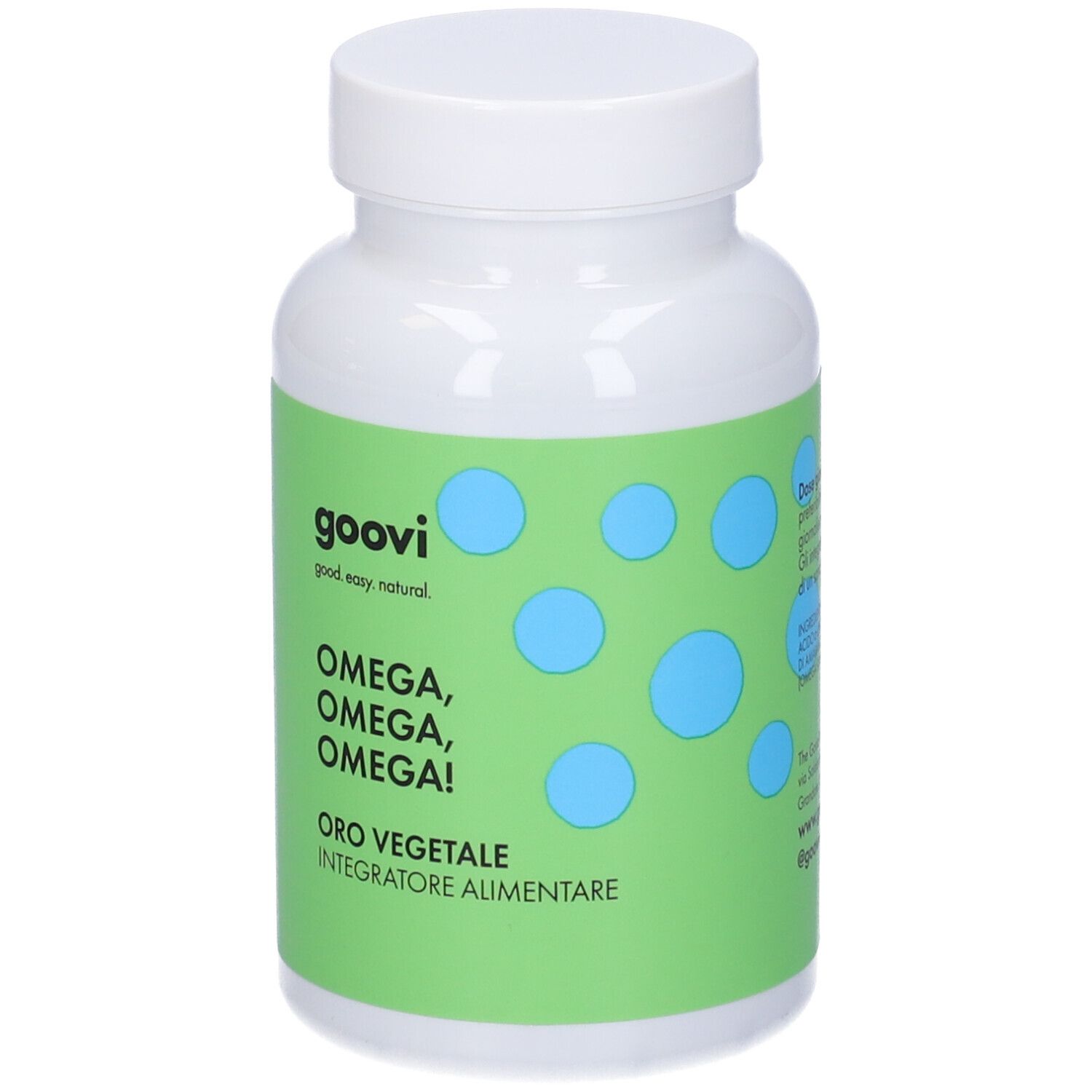 Flacone bianco con etichetta verde. Nome prodotto e testo. Punti blu. Visibile 'Oro Vegetale'.