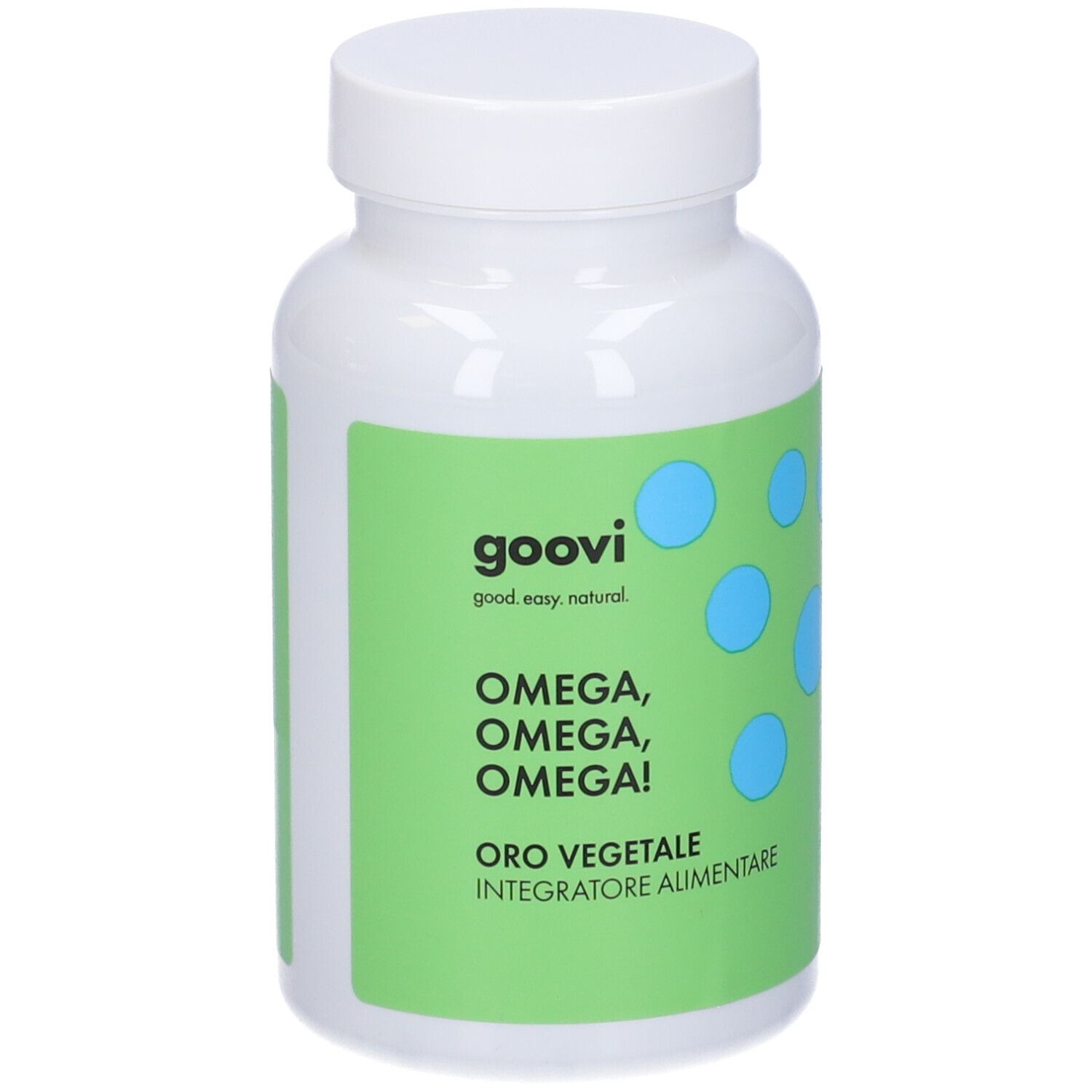 Flacone bianco con etichetta verde. Nome prodotto e testo. Punti blu. Visibile 'Oro Vegetale'.