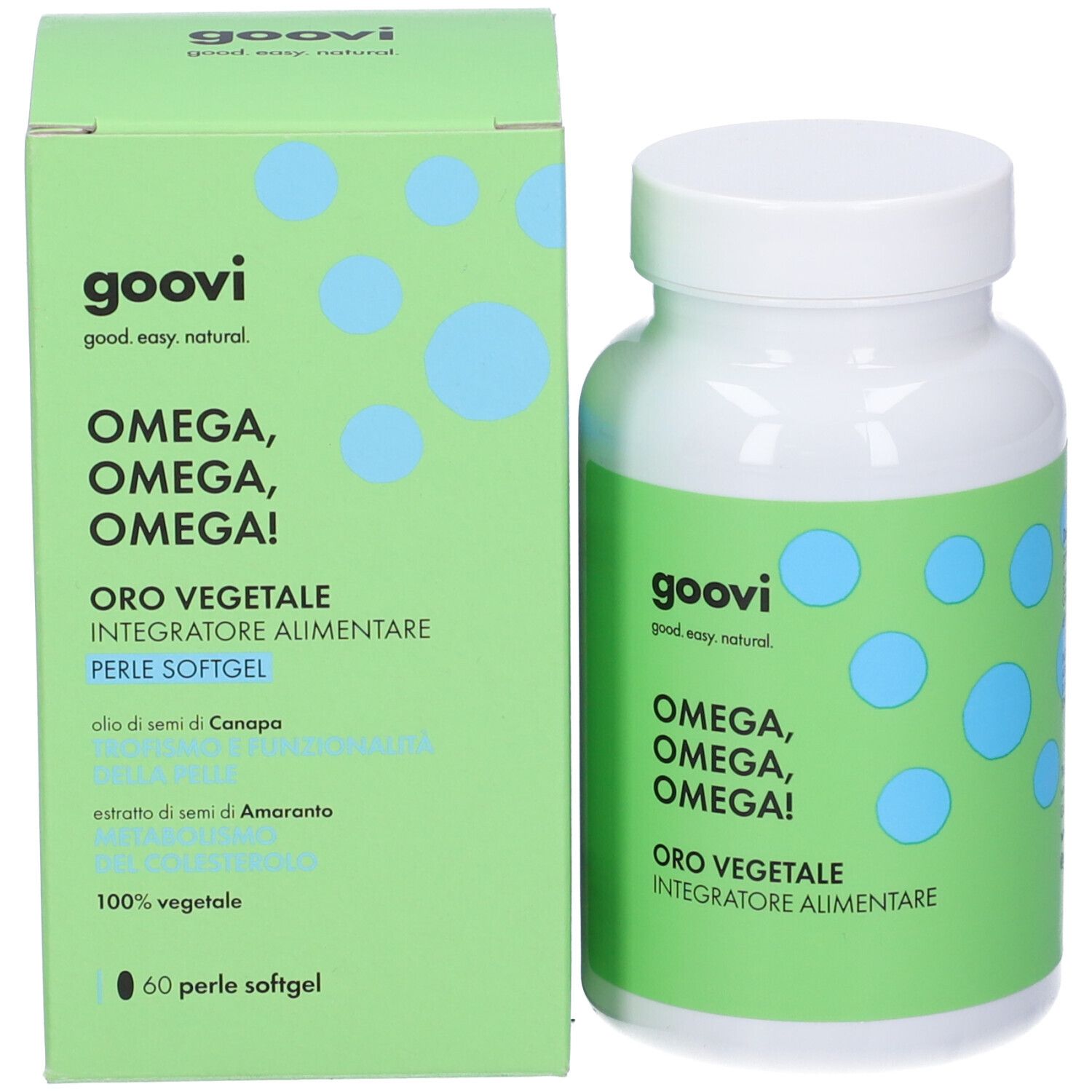 Flacone bianco e scatola verde. Nome prodotto e testo. Punti blu. Visibili 'Oro Vegetale' e '60 Perle Softgel'.