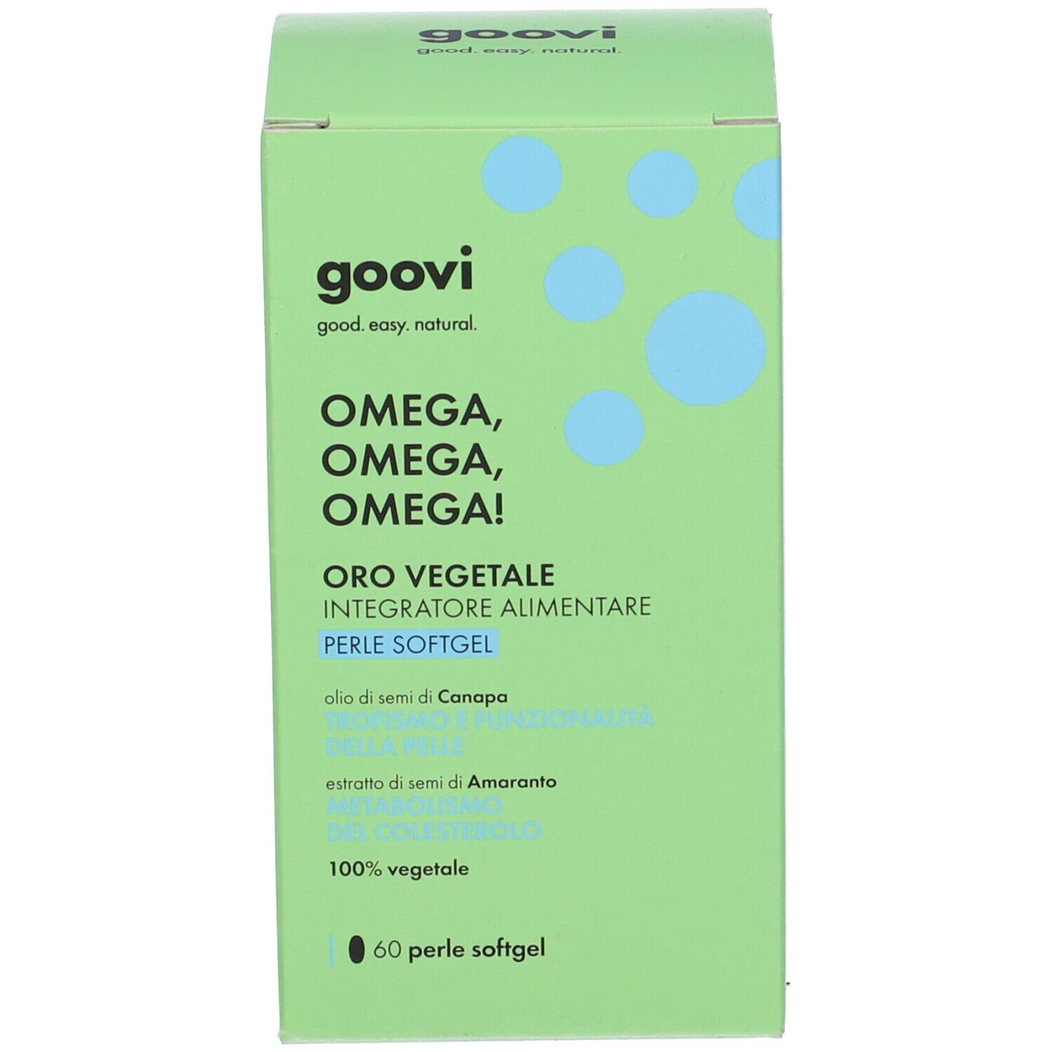 Scatola verde con testo e nome del prodotto. Punti blu. Visibili 'Oro Vegetale' e '60 Perle Softgel'.
