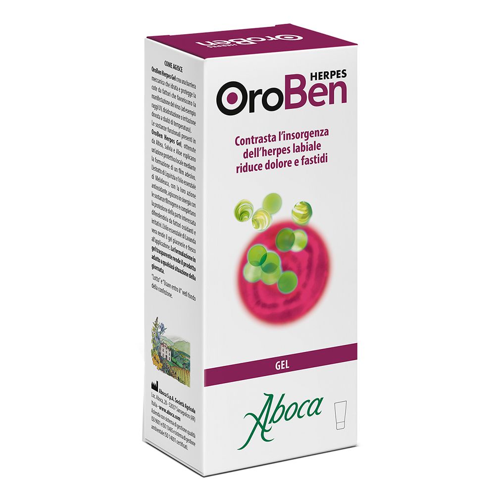 Scatola OroBen Herpes. Testo: Contro l'herpes labiale, riduce il dolore. Logo Aboca. Immagine: schema herpes.