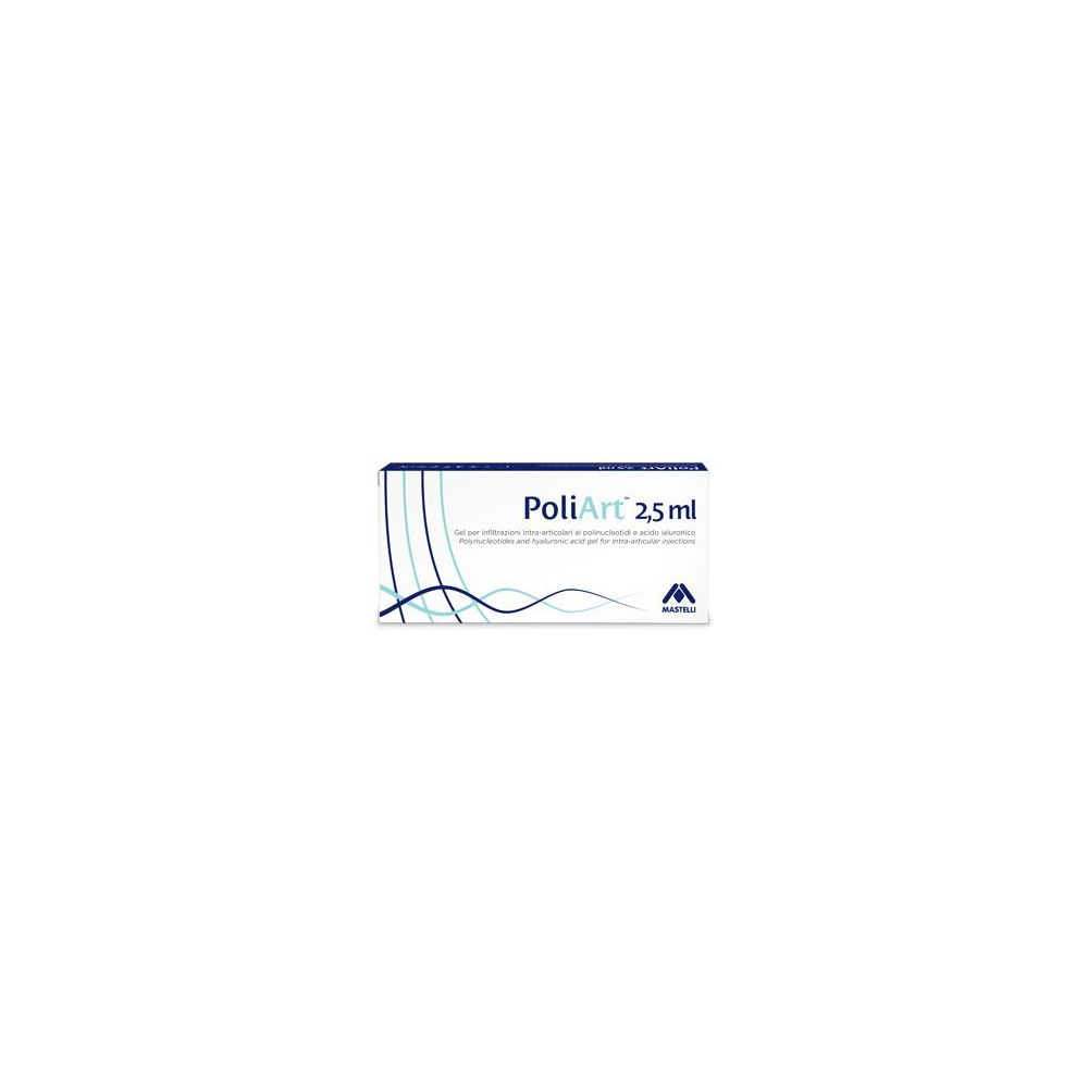 Confezione in cartone con PoliArt 2,5 ml. Linee blu e grigie su sfondo bianco. Logo in basso a destra.