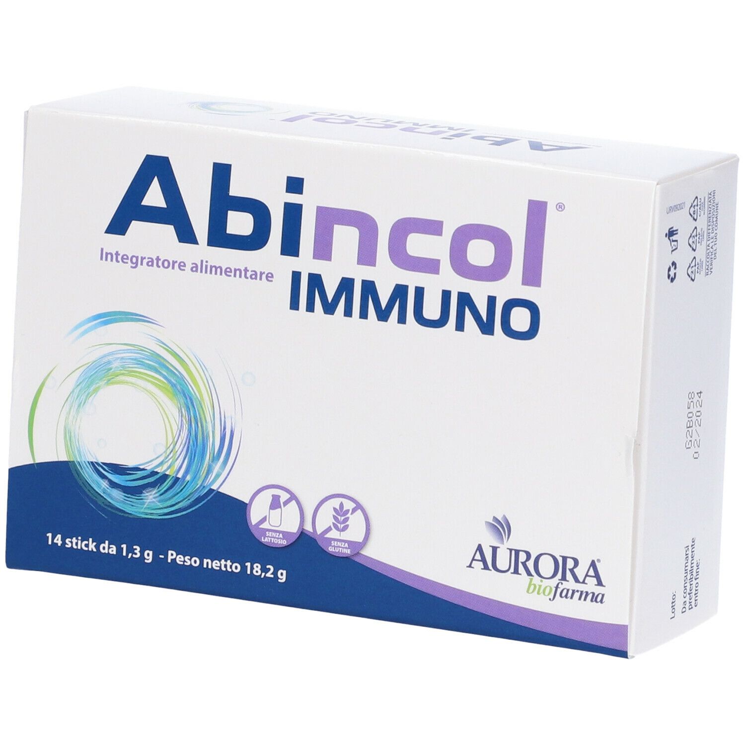 Scatola Abincol Immuno. Scritta blu, logo, 14 stick, 18,2 g. Logo Aurora Biofarma.