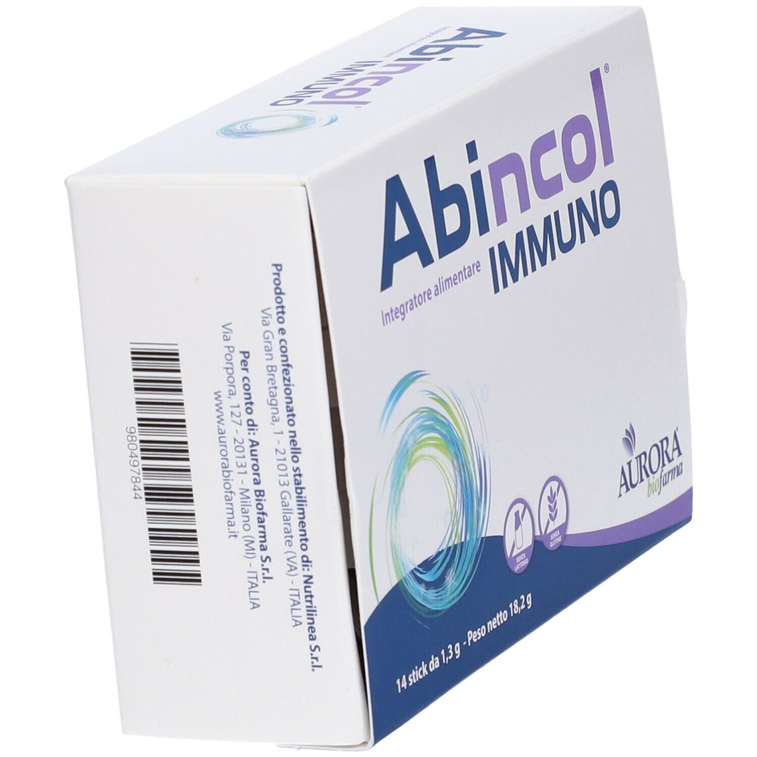 Scatola Abincol Immuno, angolata. Scritta blu, logo. Codice a barre, contatti, 14 stick, 18,2 g.
