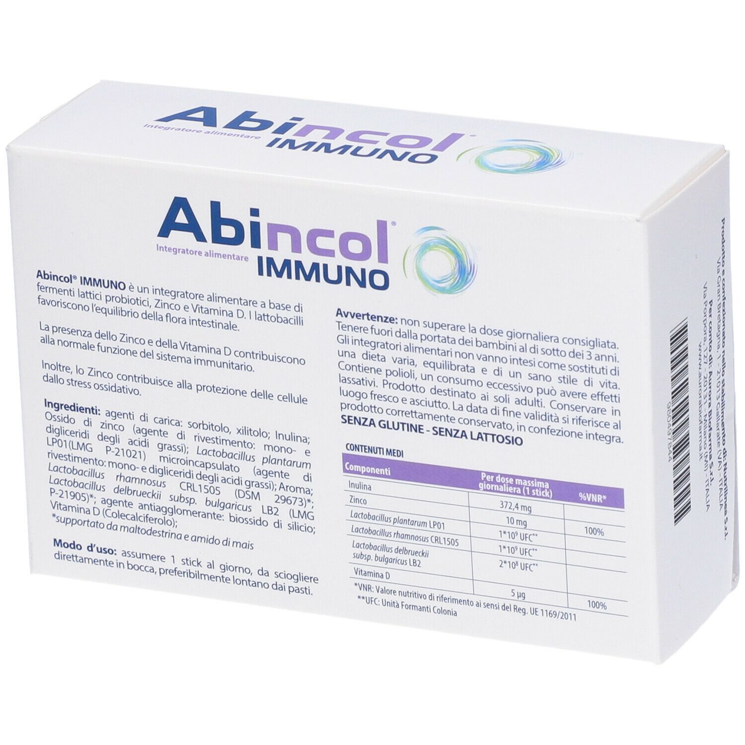 Scatola Abincol Immuno, retro. Scritta blu, logo. Ingredienti, istruzioni, senza glutine, senza lattosio.