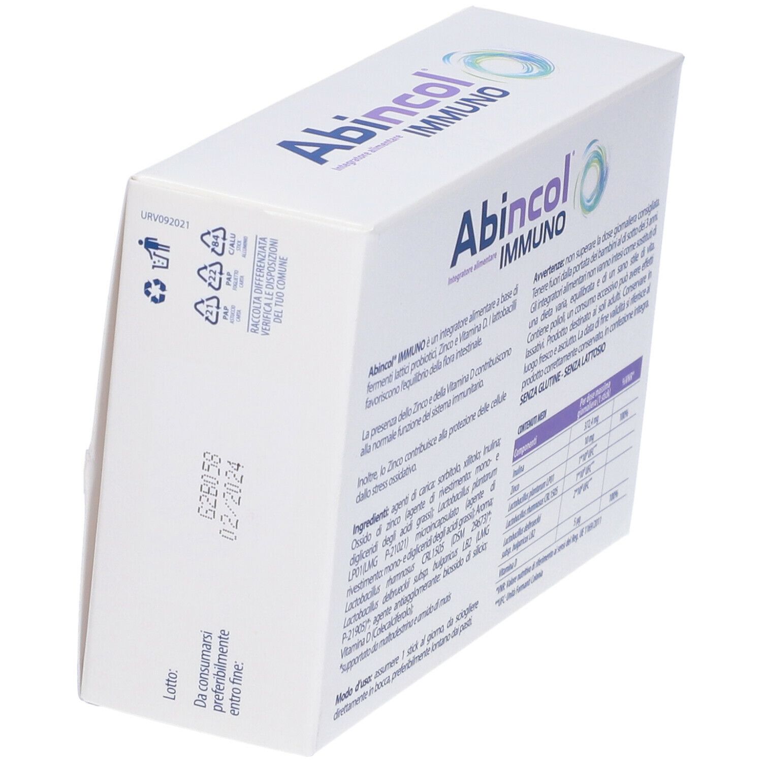 Scatola Abincol Immuno, angolata. Scritta blu, logo. Ingredienti, istruzioni, senza glutine, senza lattosio.