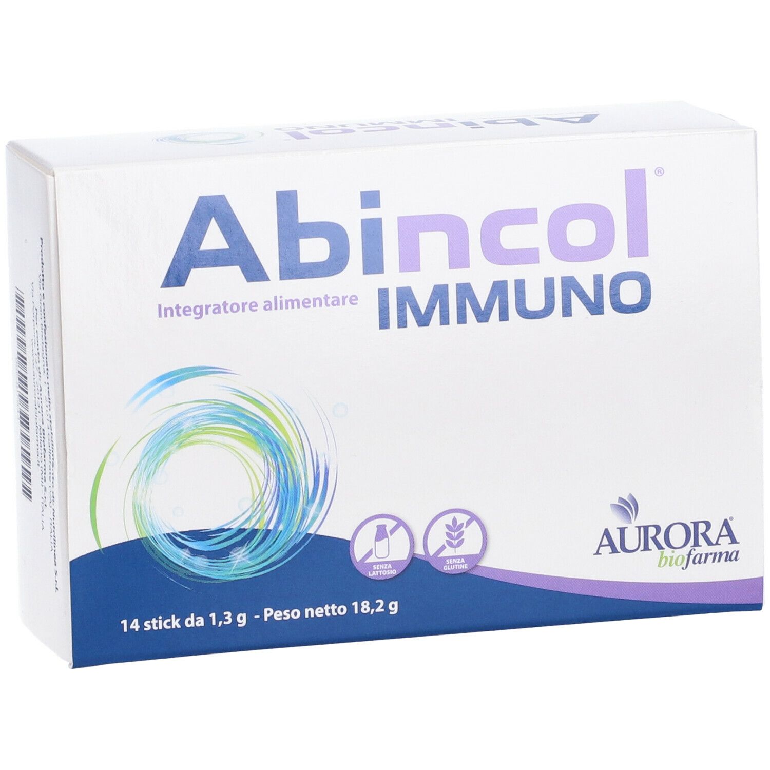Scatola Abincol Immuno. Scritta blu, logo, 14 stick, 18,2 g. Logo Aurora Biofarma.