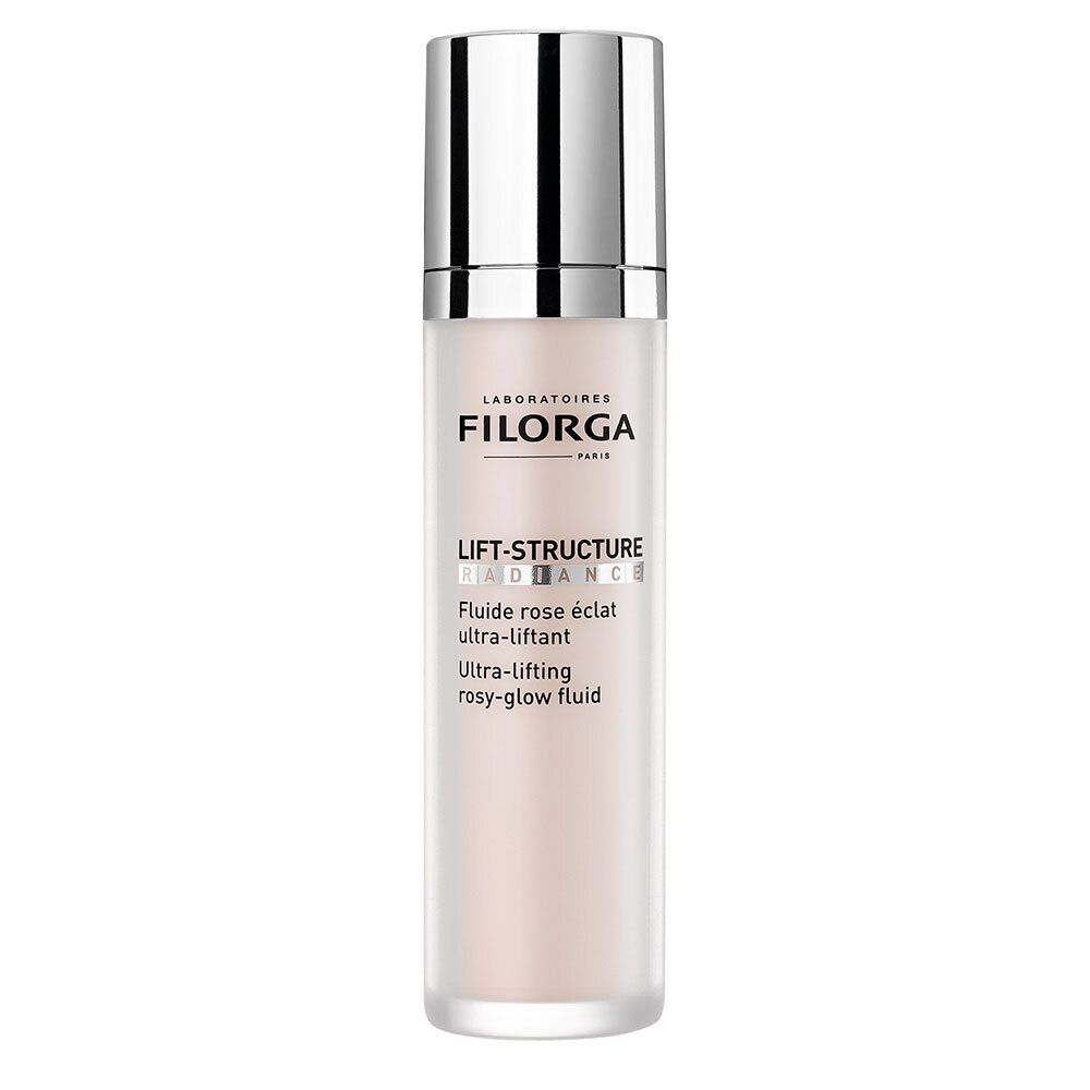 FILORGA LIFT-STRUCTURE RADIANCE. Flasche mit silbernem Deckel und rosafarbenem Inhalt. Text: LIFT-STRUCTURE RADIANCE, Ultra-lifting rosy-glow fluid.