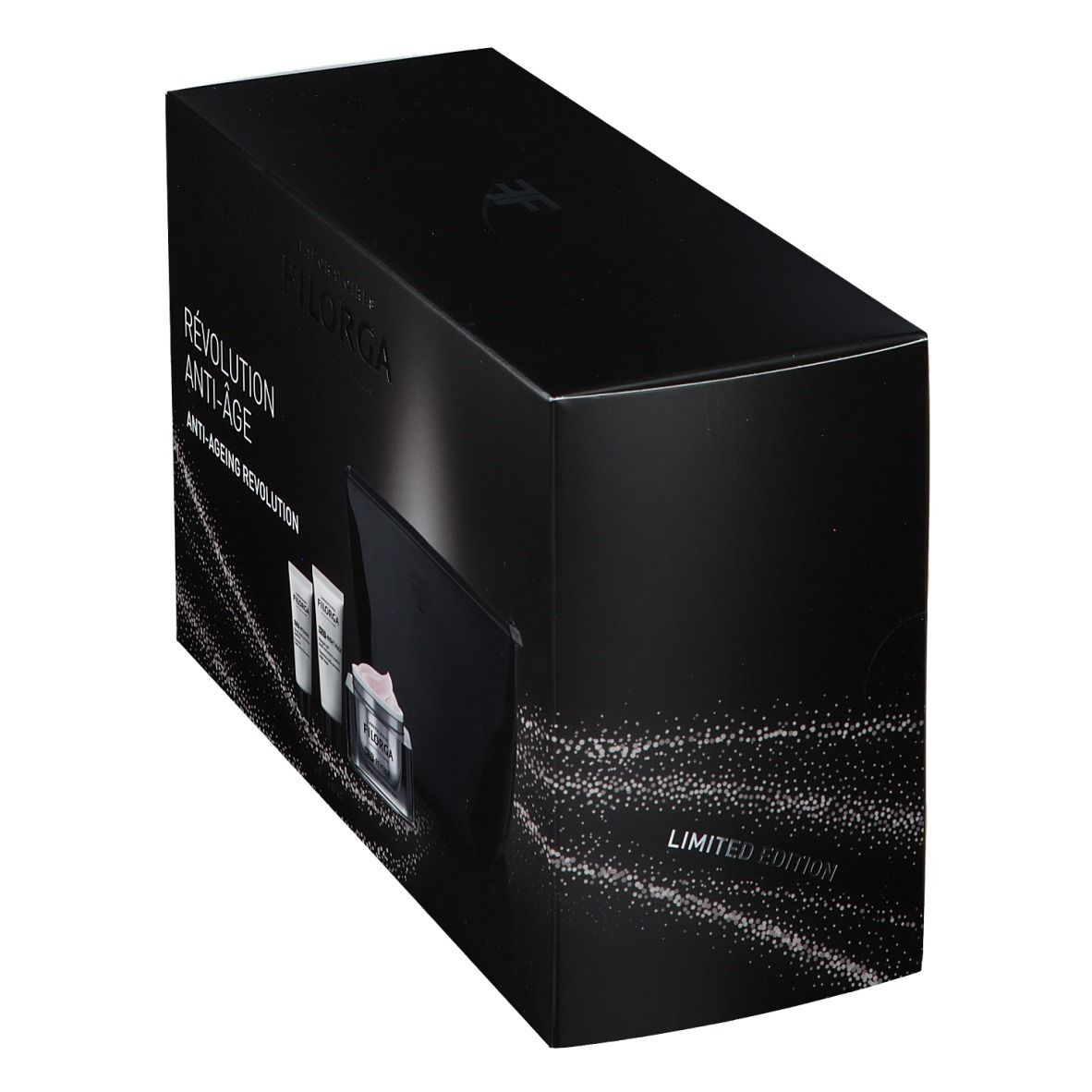 Coffret cadeau noir avec cosmétiques. Contient crèmes, tubes et trousse. Marque FILORGA. Inscription «ÉDITION LIMITÉE».