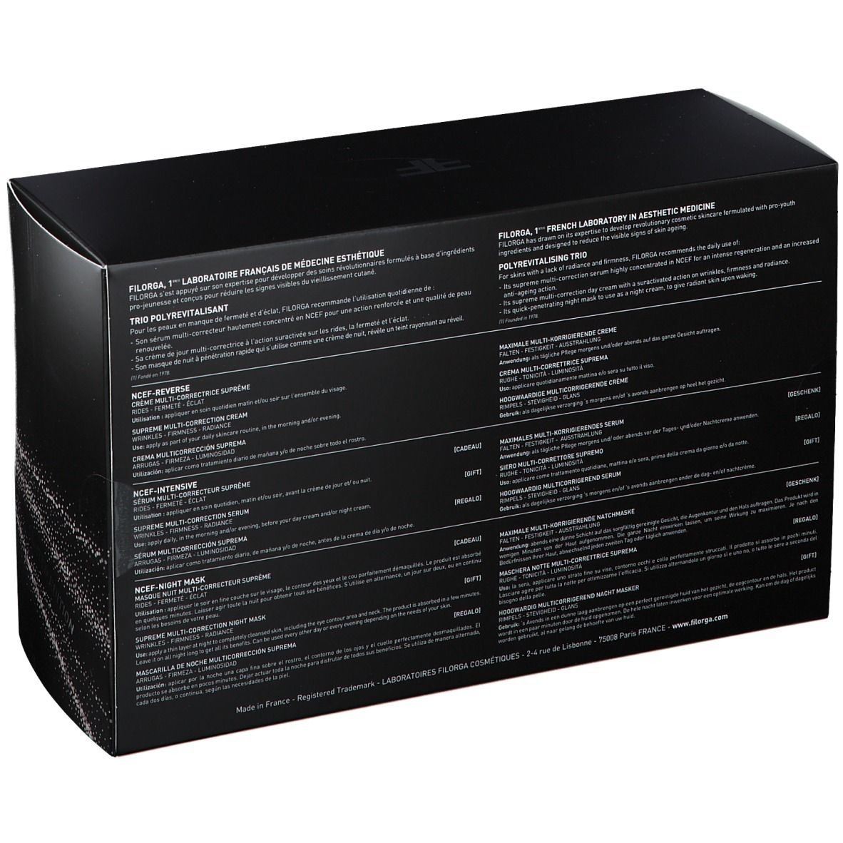 Dos d'un coffret cadeau noir. Texte en allemand et français. Contient informations et ingrédients des produits.