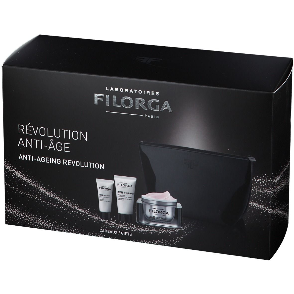 Coffret cadeau noir avec cosmétiques. Contient crèmes, tubes et trousse. Marque FILORGA. Inscription «CADEAUX / GIFTS».