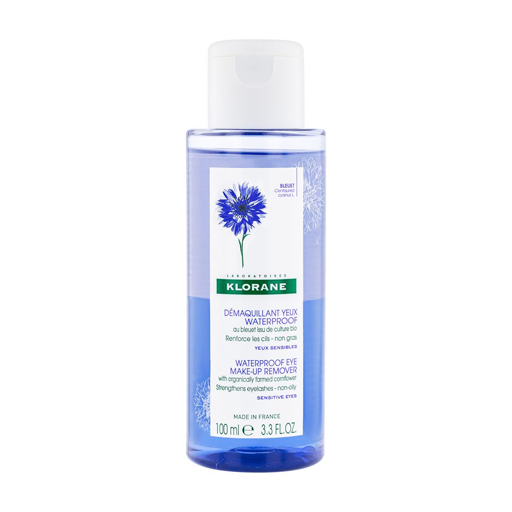 KLORANE Struccante Occhi Waterproof, flacone blu. Contiene fiordaliso. 100 ml. Per trucco resistente all'acqua.